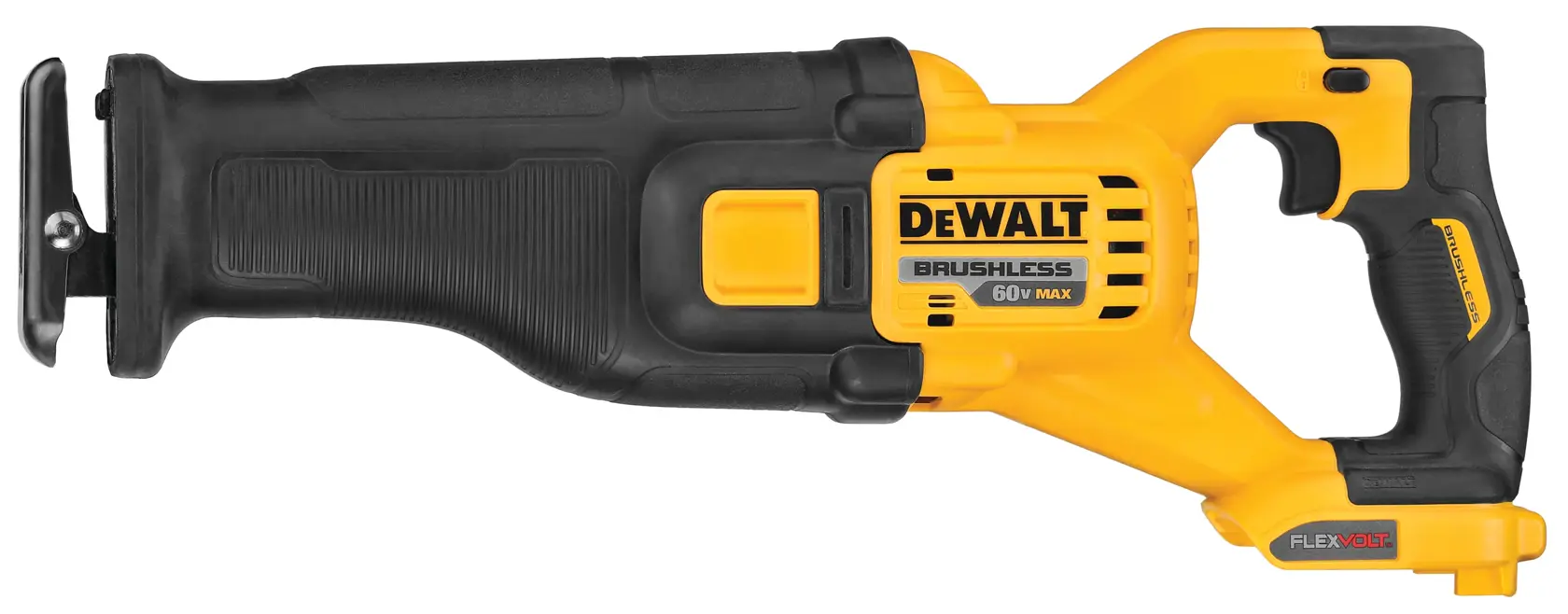 Una sierra recíproca DEWALT 60V MAX FlexVolt sin escobillas, con un diseño ergonómico amarillo y negro y una empuñadura de gatillo.