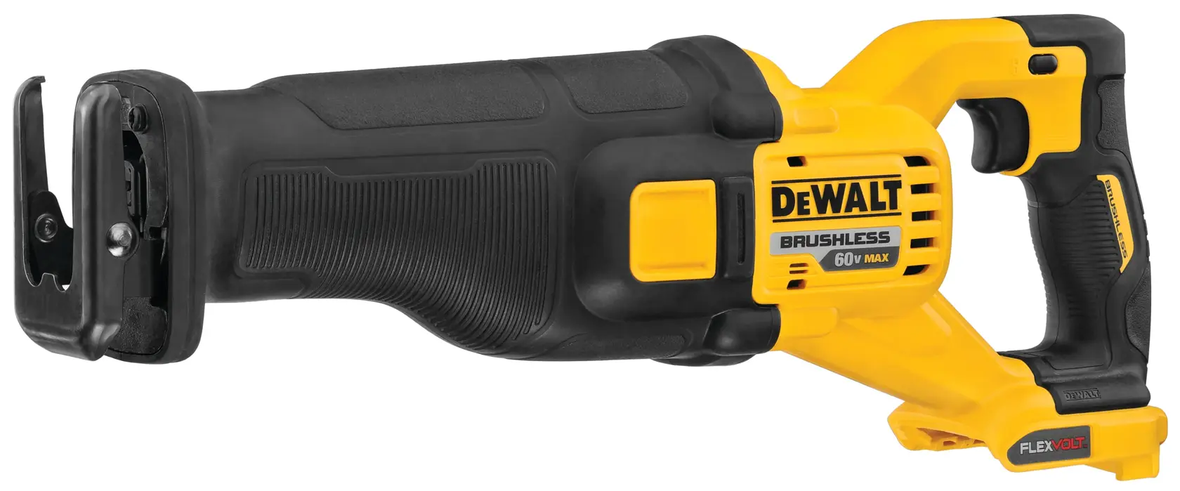 Una sierra recíproca DEWALT 60V MAX brushless con cuerpo amarillo y negro, y ranura para batería FLEXVOLT.
