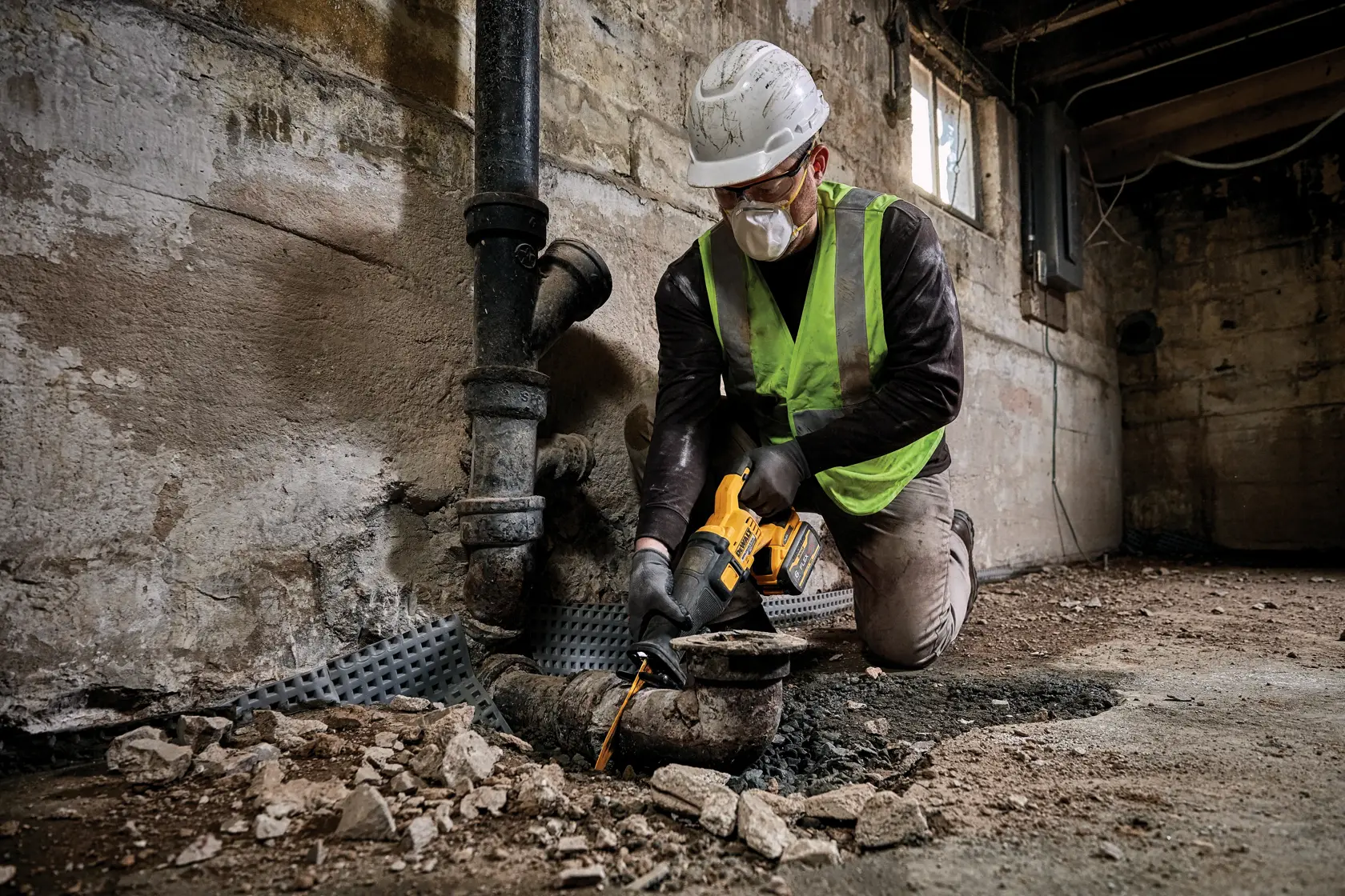 Un trabajador de la construcción con casco blanco y chaleco de seguridad verde neón está arrodillado en el suelo utilizando una sierra reciproca amarilla DEWALT para cortar una tubería metálica vieja en un sótano sin terminar, con paredes de concreto expuestas y escombros en el piso.