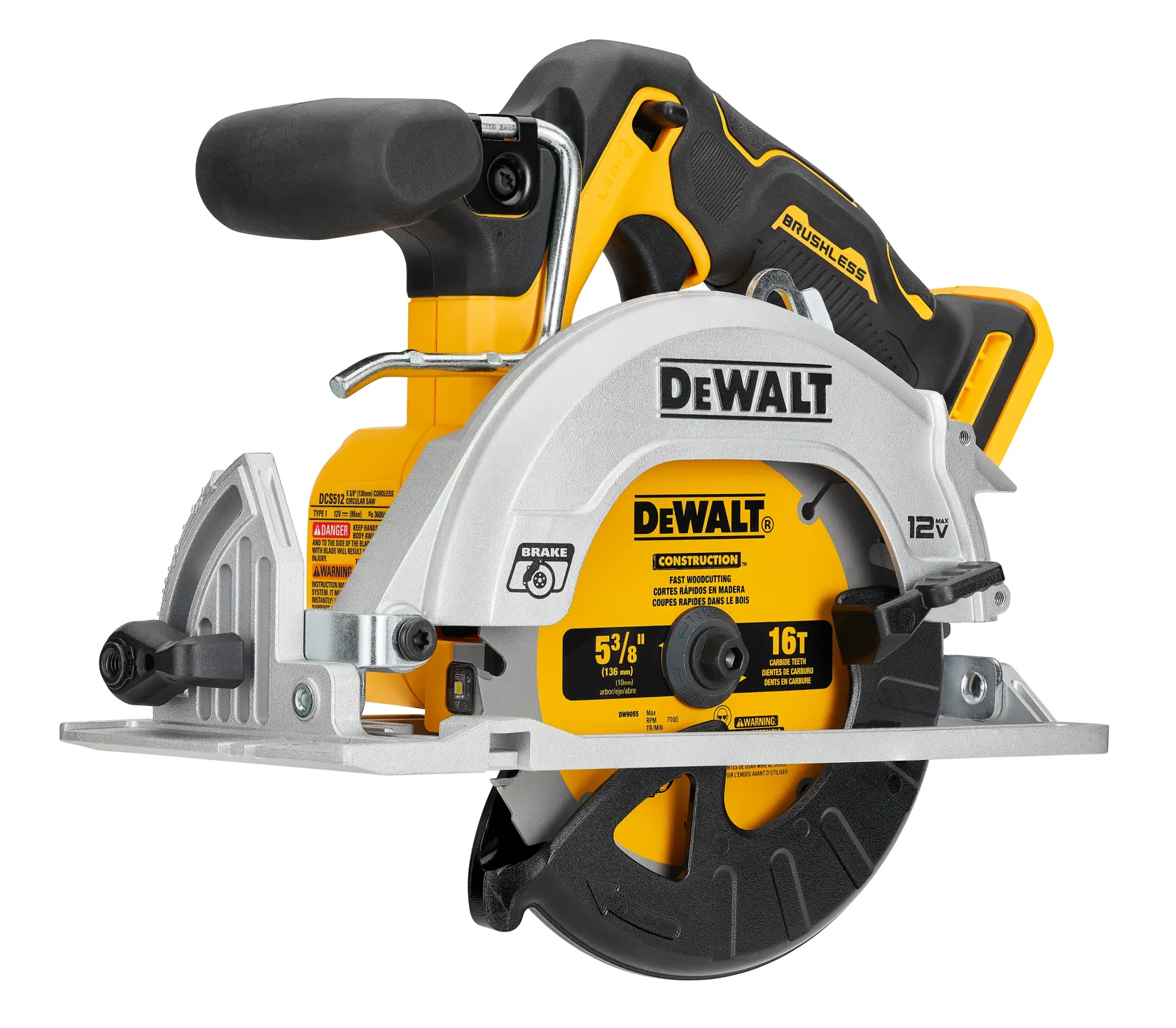 Una sierra circular inalámbrica DEWALT de 12V con diseño negro y amarillo, motor sin escobillas y mango ergonómico. Se puede ver la cubierta de la hoja y la hoja, así como el etiquetado del producto indicando uso en construcción.