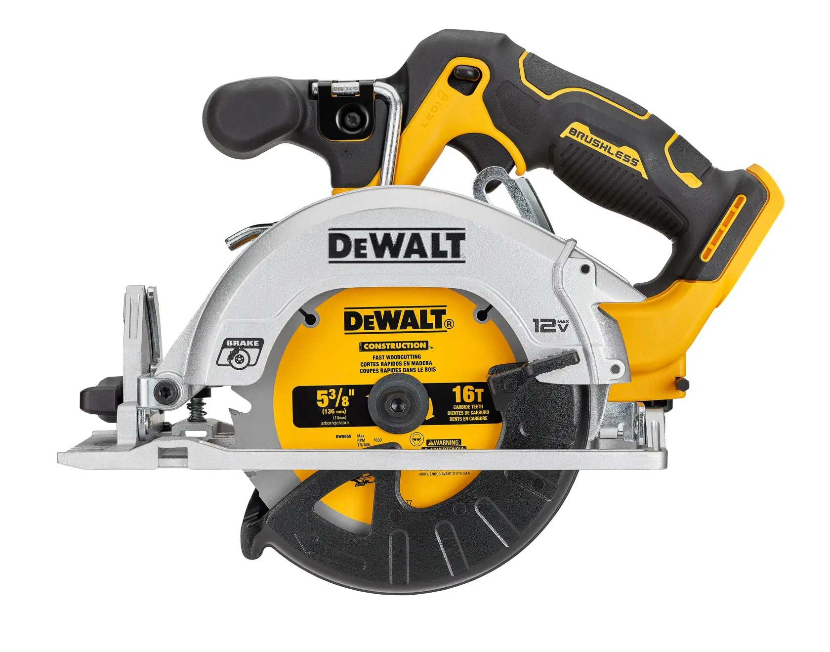 Una sierra circular inalámbrica DEWALT brushless de 12V con una hoja de 5-3/8 pulgadas, mostrada de lado. La sierra es amarilla y negra con partes metálicas plateadas, e incluye una protección de hoja etiquetada y un mango ergonómico.