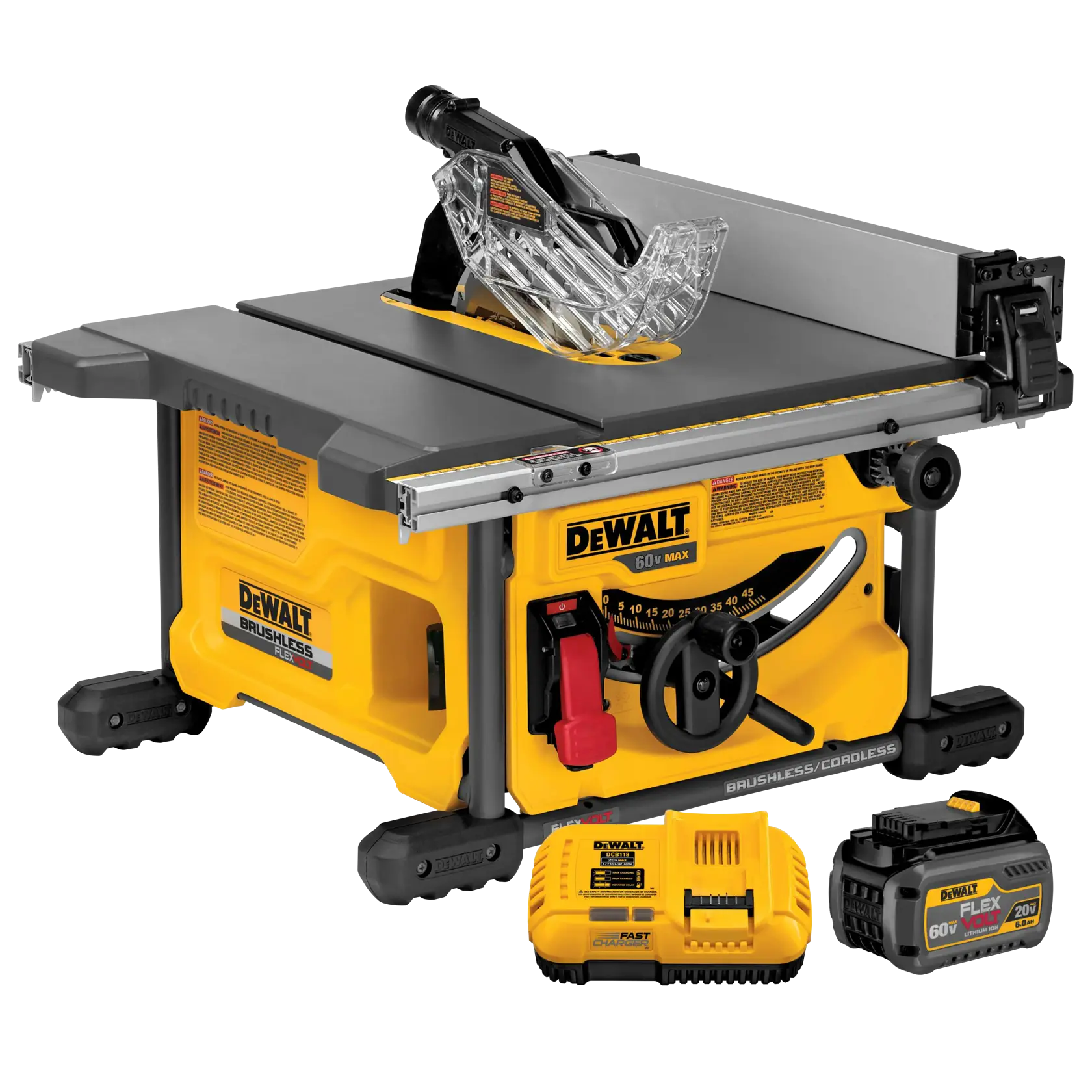 Sierra de mesa inalámbrica DEWALT 60V Max con motor sin escobillas, mostrada con protector de hoja transparente. Incluye además un cargador de batería y una batería de litio-ion 60V FLEXVOLT.