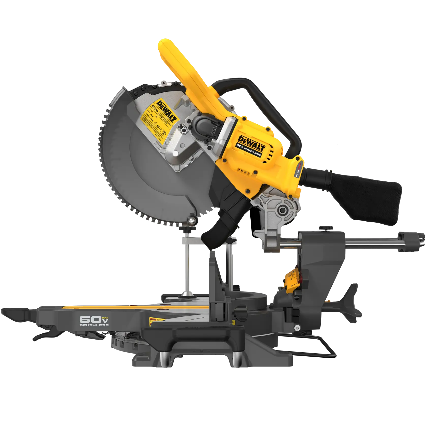 Sierra de inglete DEWALT 60V sin escobillas con detalles en amarillo y negro, mostrando el perfil lateral de la herramienta con una gran hoja circular, bolsa de polvo y base de corte ajustable.