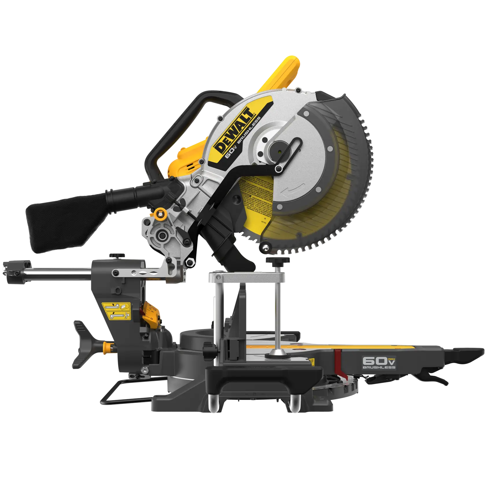 Una sierra de inglete compuesta deslizante DEWALT 60V sin escobillas, con hoja circular, bolsa para polvo y brazo de corte ajustable, mostrada sobre un fondo blanco.