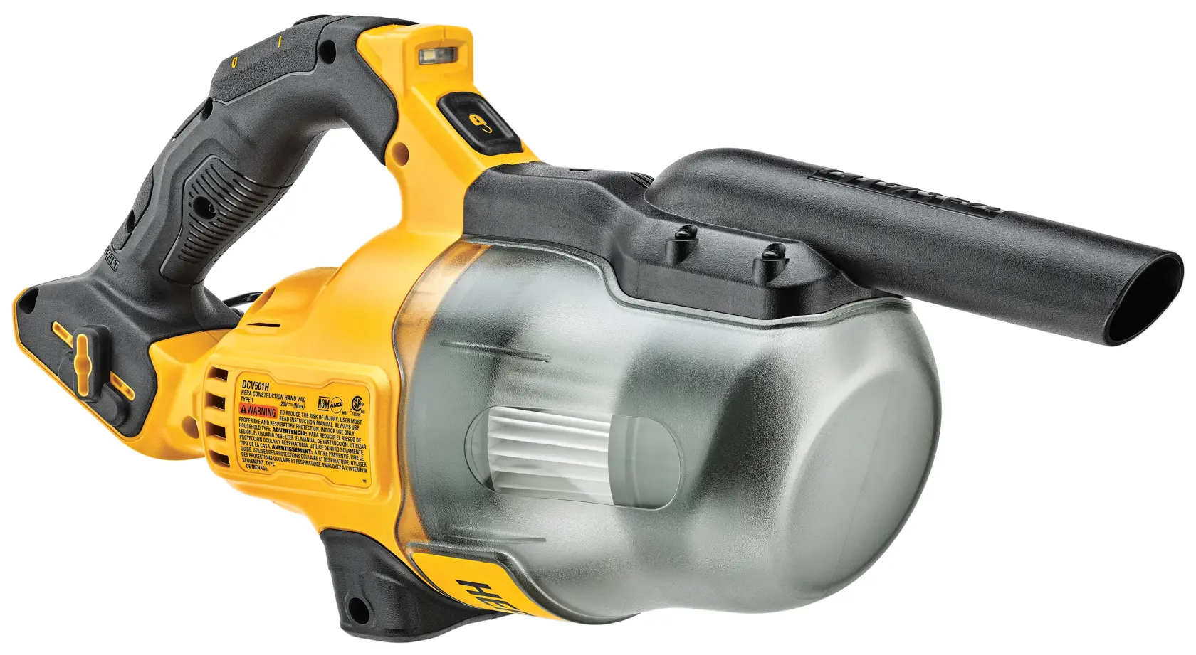 Una aspiradora portátil inalámbrica con diseño amarillo y negro, recipiente transparente para polvo y una boquilla larga. El producto es de la marca DEWALT.