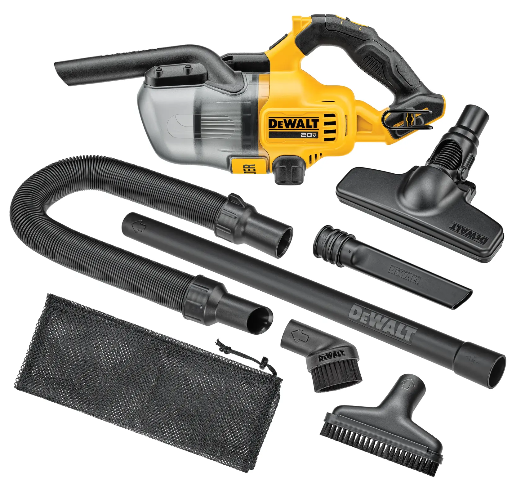 Aspiradora de mano inalámbrica DEWALT 20V con varios accesorios, incluyendo tubos de extensión, una manguera flexible, diferentes boquillas, una herramienta para rincones, un accesorio de cepillo y una bolsa de almacenamiento de malla, todo sobre fondo blanco.