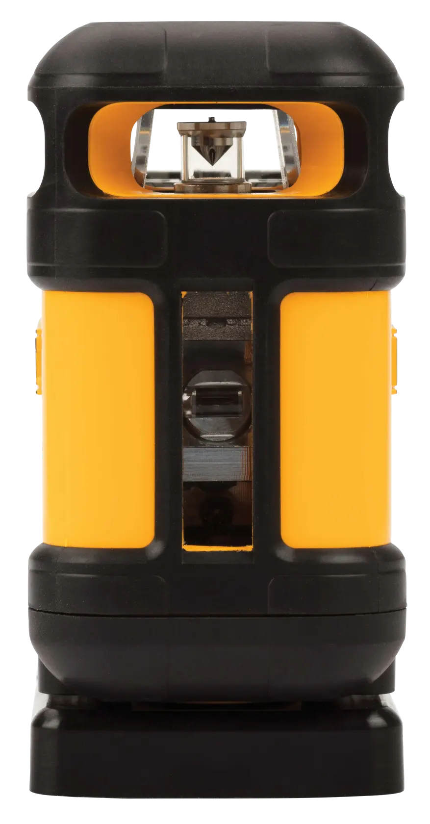 Un nivel láser rotativo de la marca DEWALT, en color amarillo y negro, mostrado en posición vertical con una vista clara de su mecanismo láser y su carcasa resistente.