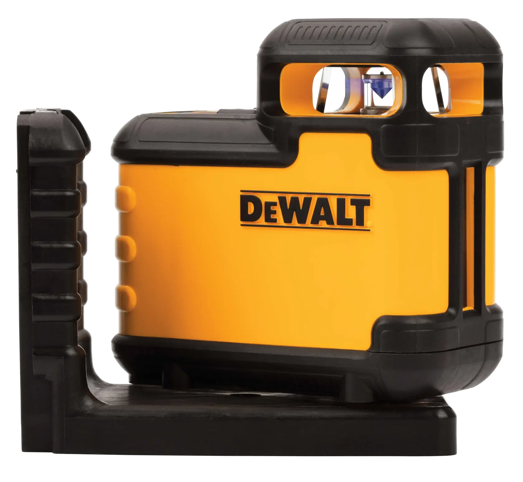Un nivel láser de color amarillo y negro de la marca DEWALT con una base resistente, diseñado para mediciones precisas en fotografía o construcción.