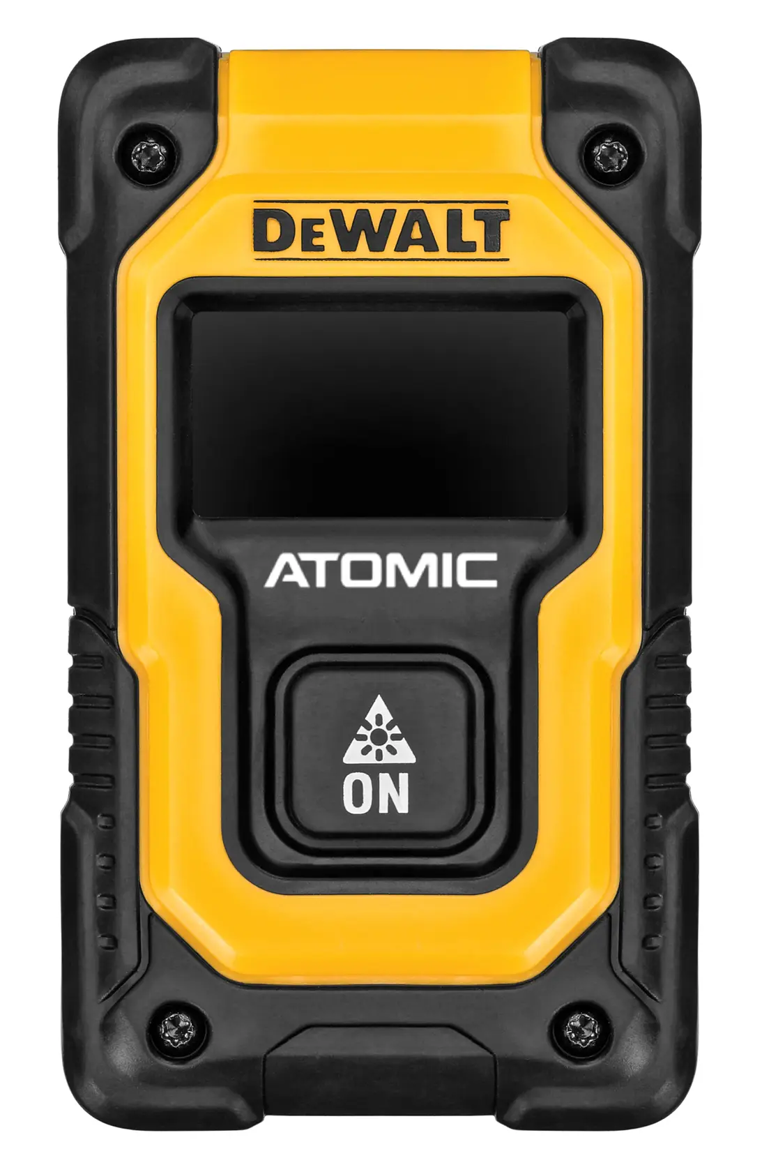 Vista frontal de un dispositivo de medición láser DEWALT ATOMIC con una carcasa amarilla y negra, una pantalla y un botón ON con un símbolo de advertencia de láser.