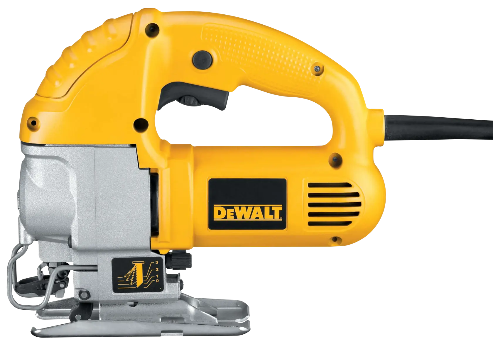 Sierra caladora eléctrica DEWALT DW317K, con cuerpo amarillo y negro, asa visible y cable de alimentación, diseñada para cortes precisos en trabajos de carpintería y construcción.