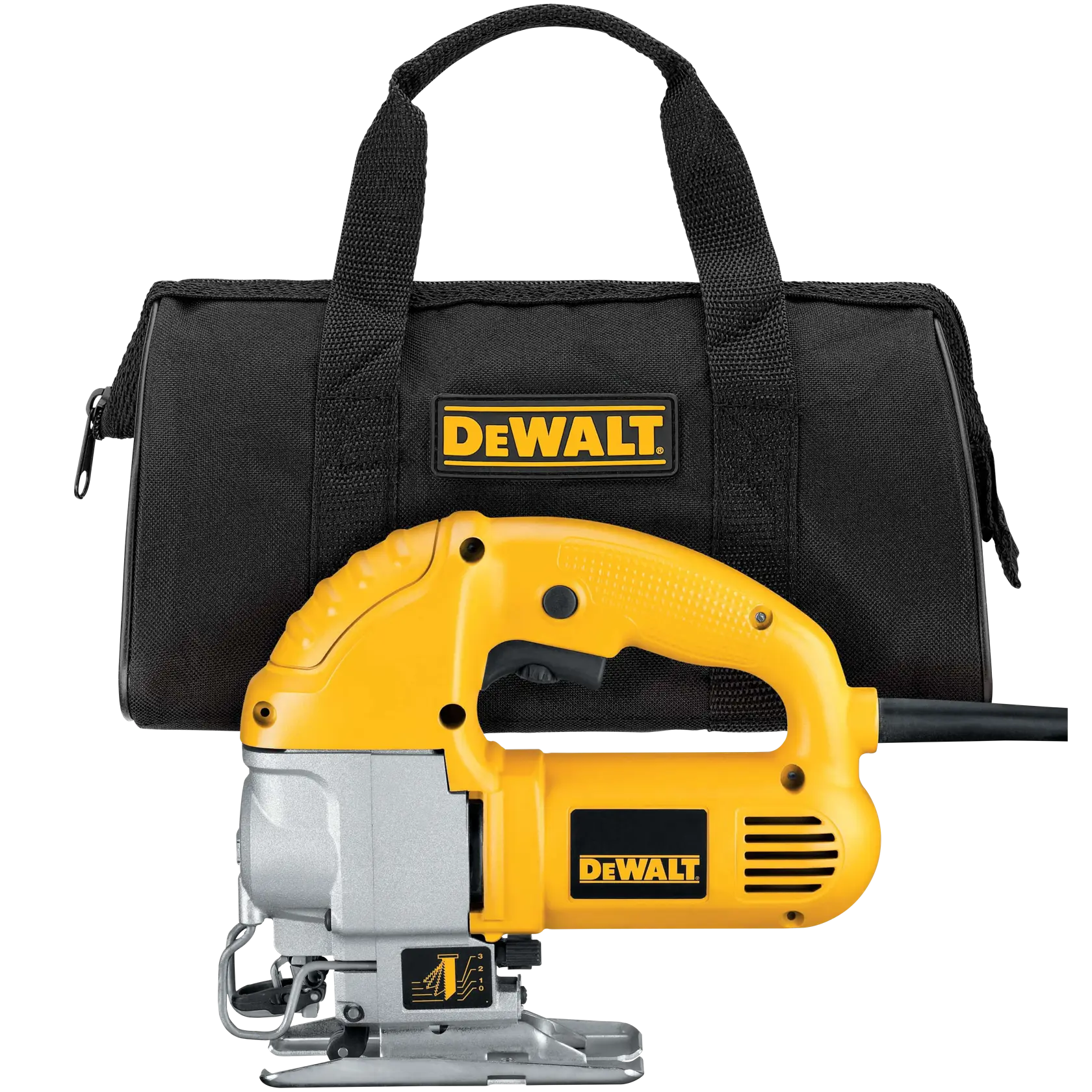 Una sierra caladora DEWALT amarilla y plateada con una bolsa de transporte negra con el logo de DEWALT detrás.