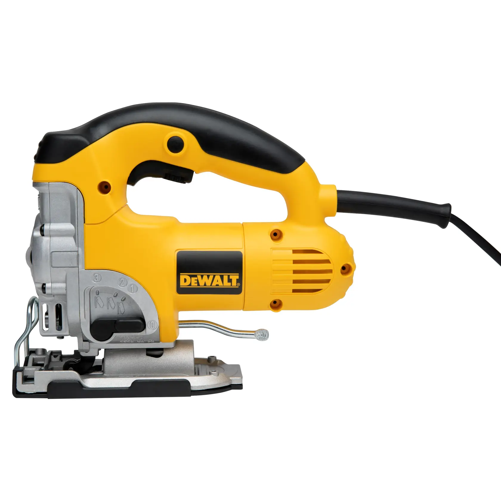 Una caladora eléctrica amarilla y negra DEWALT con cable, mostrada de lado.