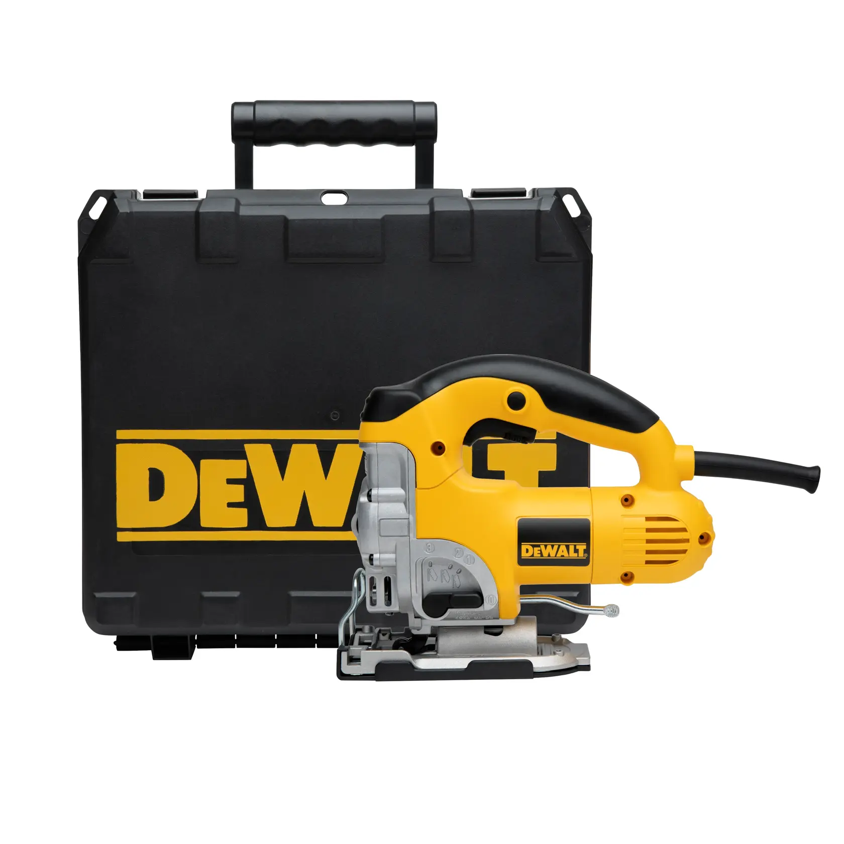 Una herramienta eléctrica de calar DEWALT amarilla y negra se muestra frente a un estuche de transporte negro con asa y el logotipo de DEWALT.