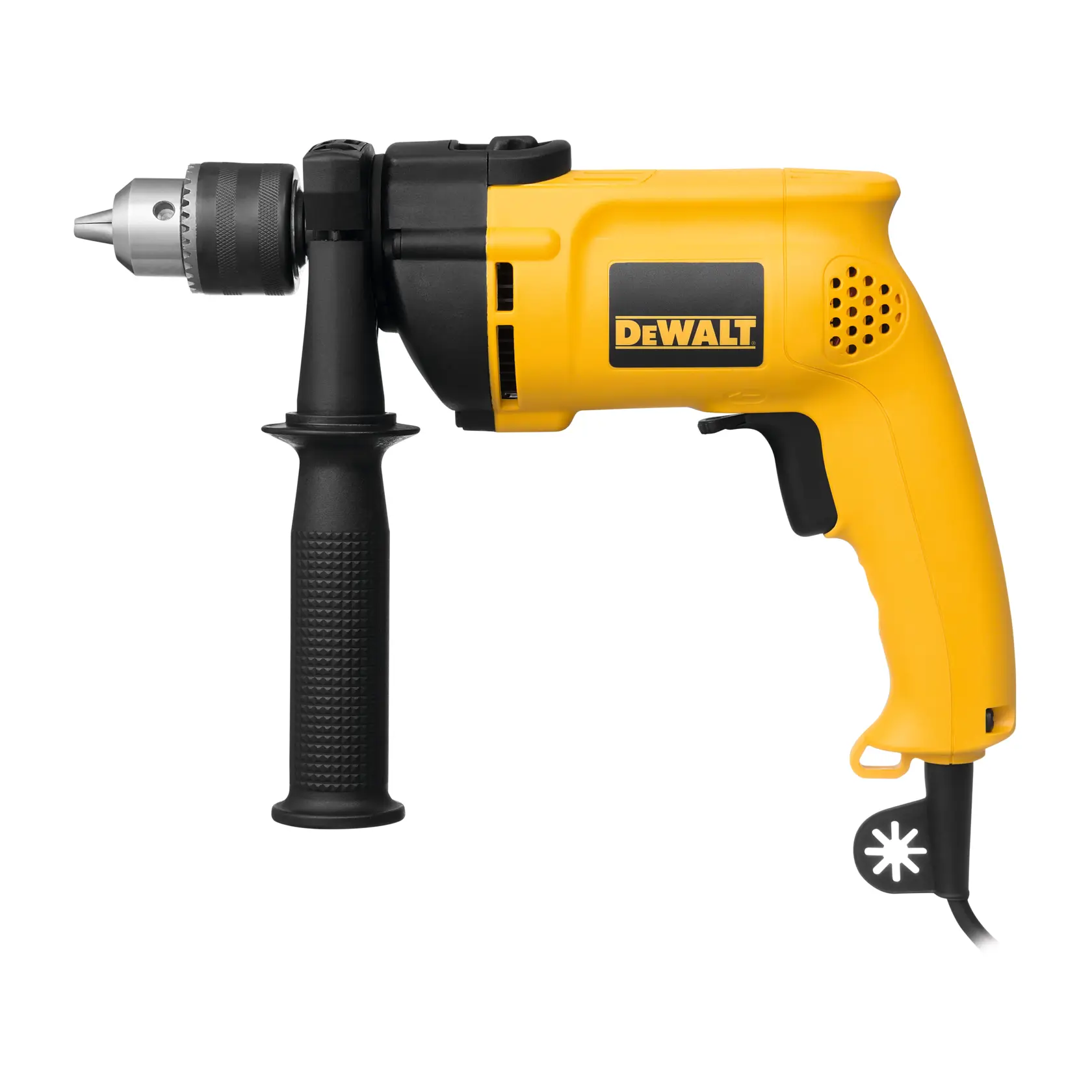 Un taladro eléctrico DEWALT amarillo y negro con mango lateral y cable, fotografiado sobre fondo blanco.