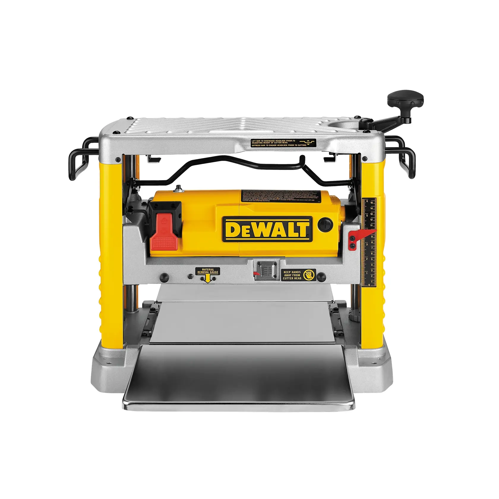 Vista frontal de la cepilladora DEWALT DW734 amarilla y plateada, con controles, para carpintería.
