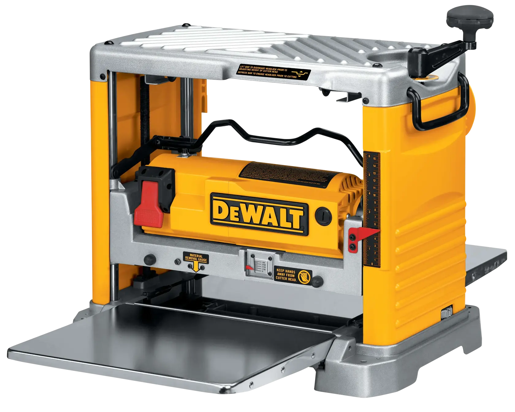Una cepilladora de banco DEWALT DW734 con cuerpo amarillo y plateado, que incluye una gran mesa metálica plana en la parte frontal para alimentar madera y perillas de ajuste en el lateral.