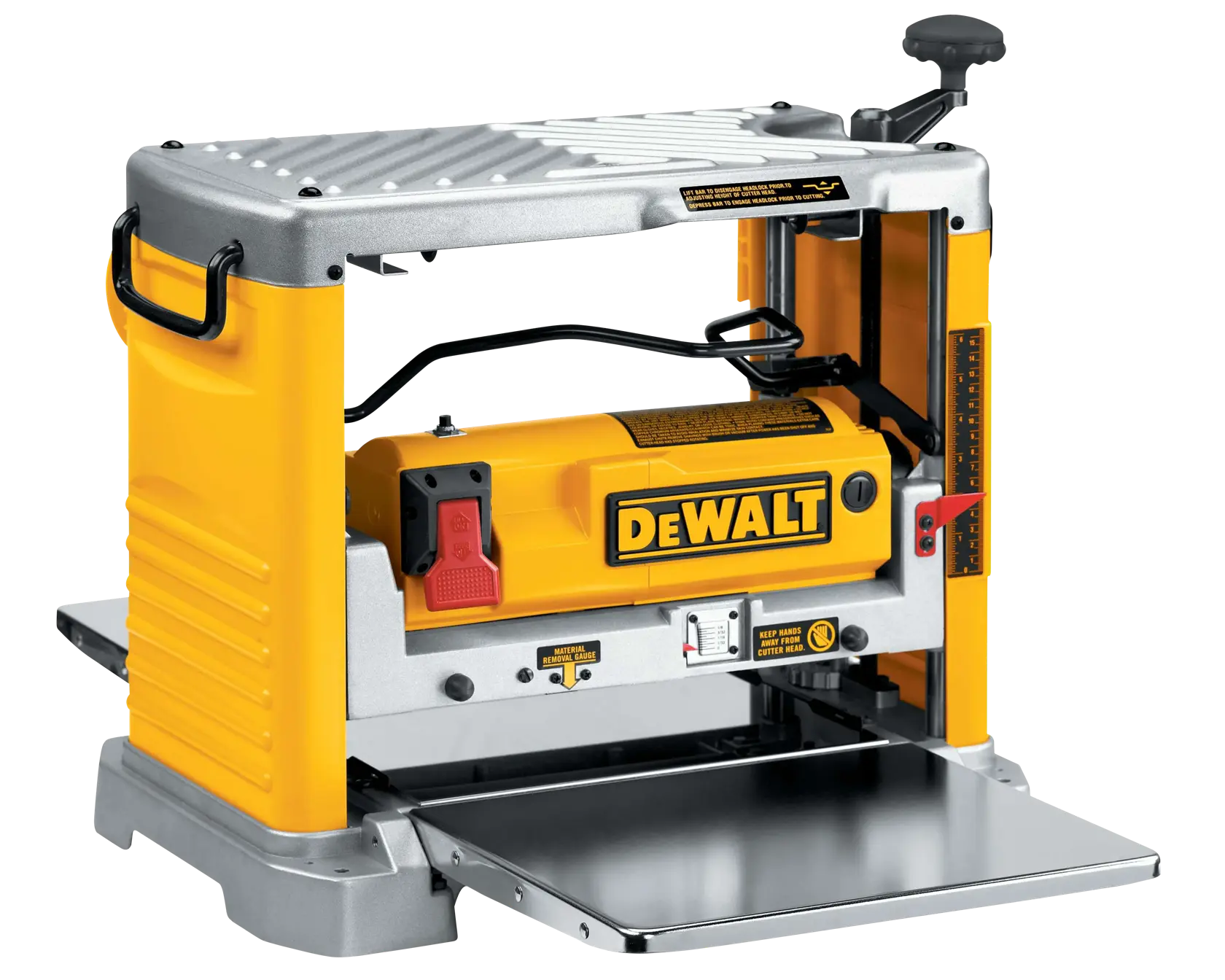 Una cepilladora portátil de grosor DEWALT DW734 en colores amarillo y plateado, con una base de metal resistente, una manija de control en la parte superior y una mesa de extensión frontal para soportar madera.