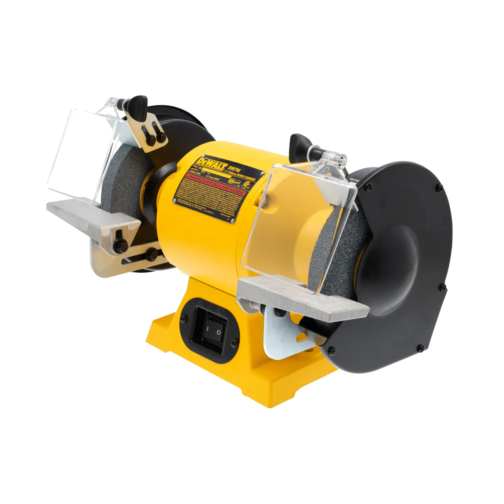 Vista frontal de una amoladora de banco DEWALT DW756 con cuerpo amarillo, dos ruedas de esmerilado a cada lado y protectores transparentes sobre cada rueda.