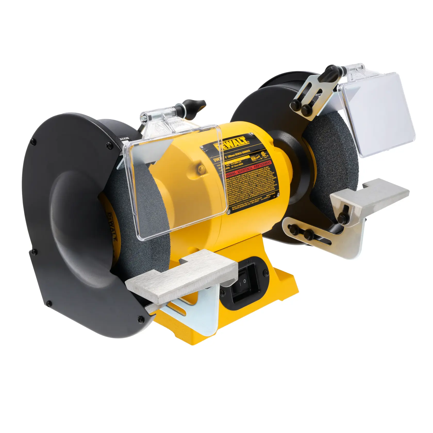 Una esmeriladora de banco DEWALT DW758 con base y carcasa del motor amarillas, dos ruedas abrasivas, soportes ajustables para herramientas y protectores transparentes de seguridad.