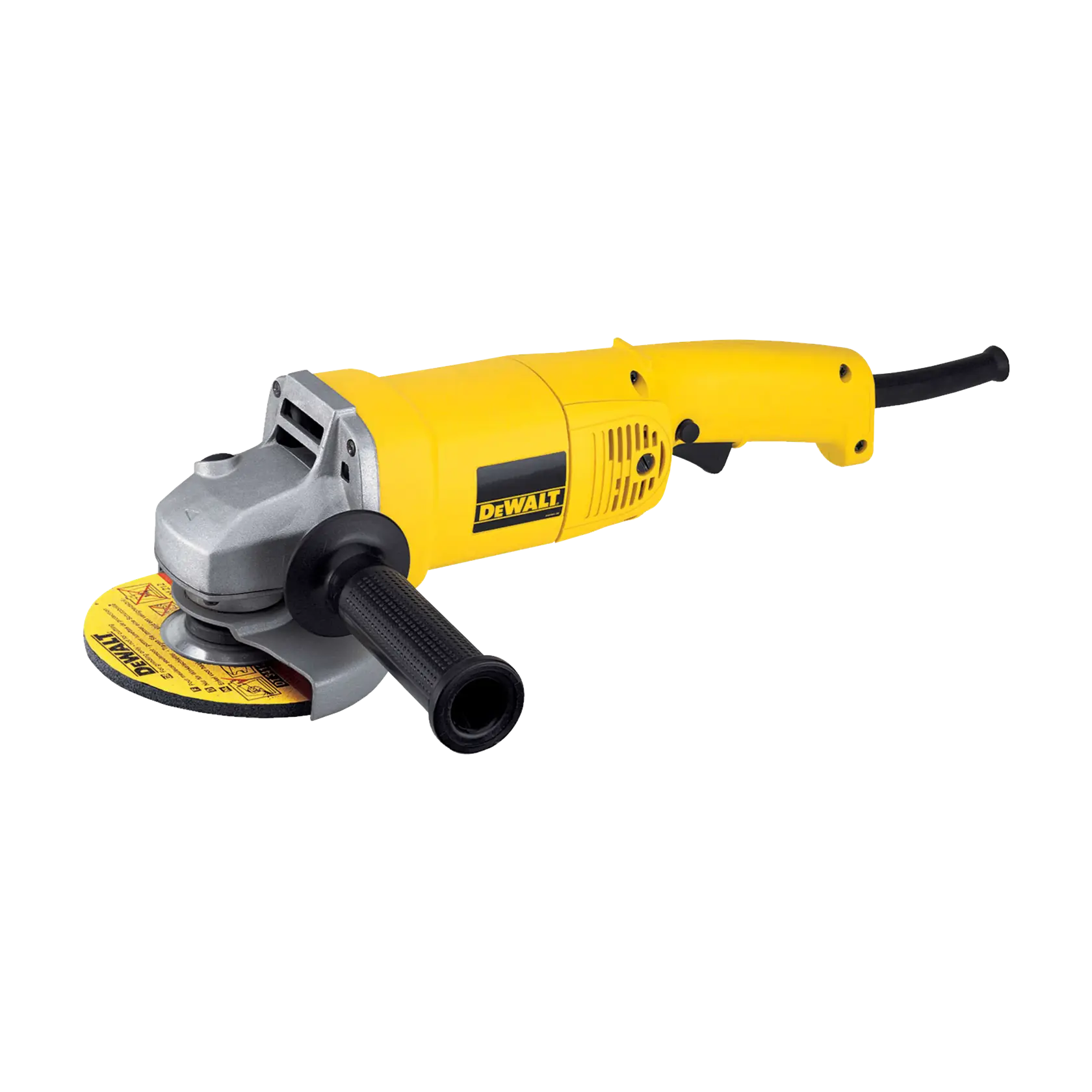 Una amoladora angular DEWALT amarilla con mango y cable negros, mostrada sobre fondo blanco.