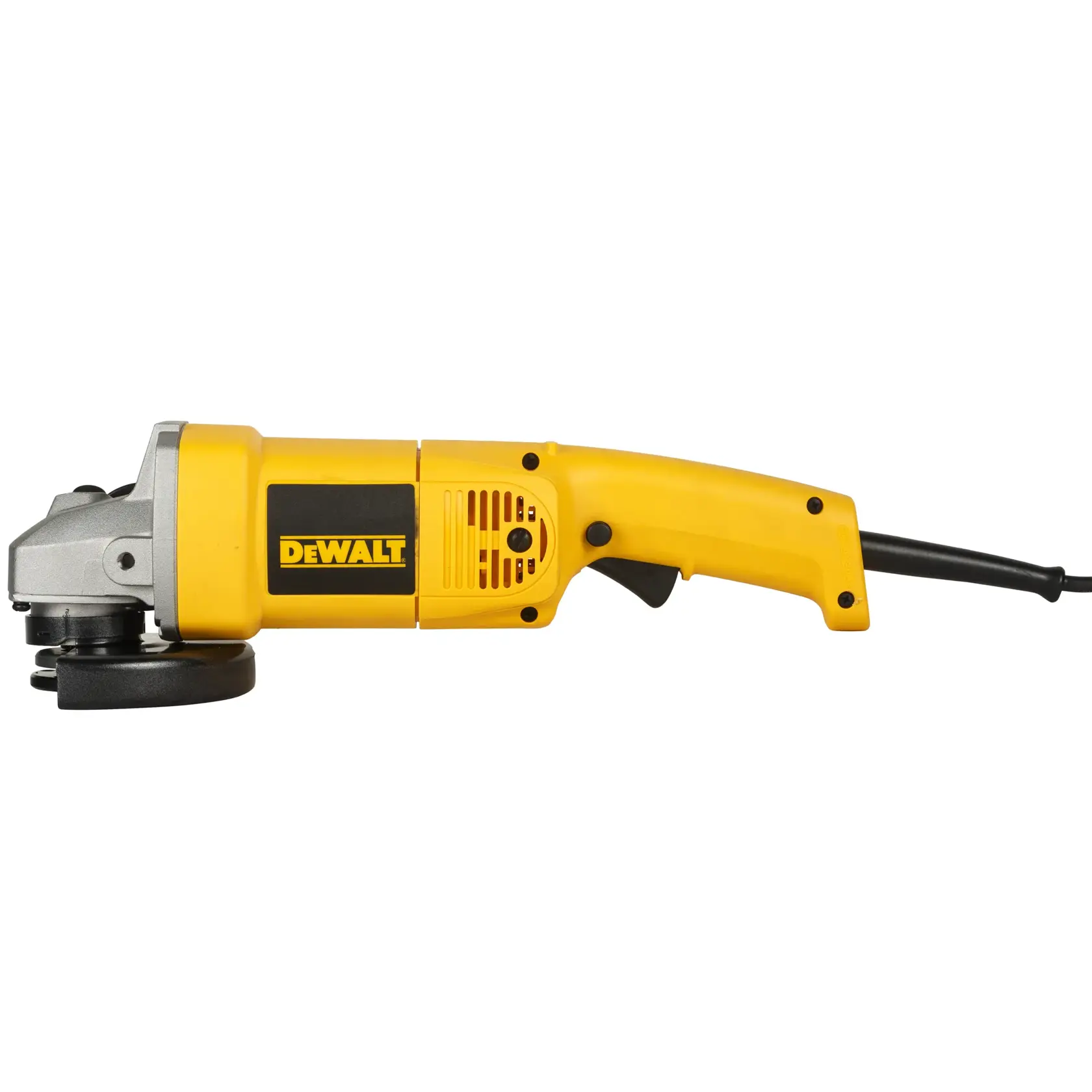 Amoladora angular amarilla DEWALT DW831 con detalles negros y cable, sobre fondo blanco.