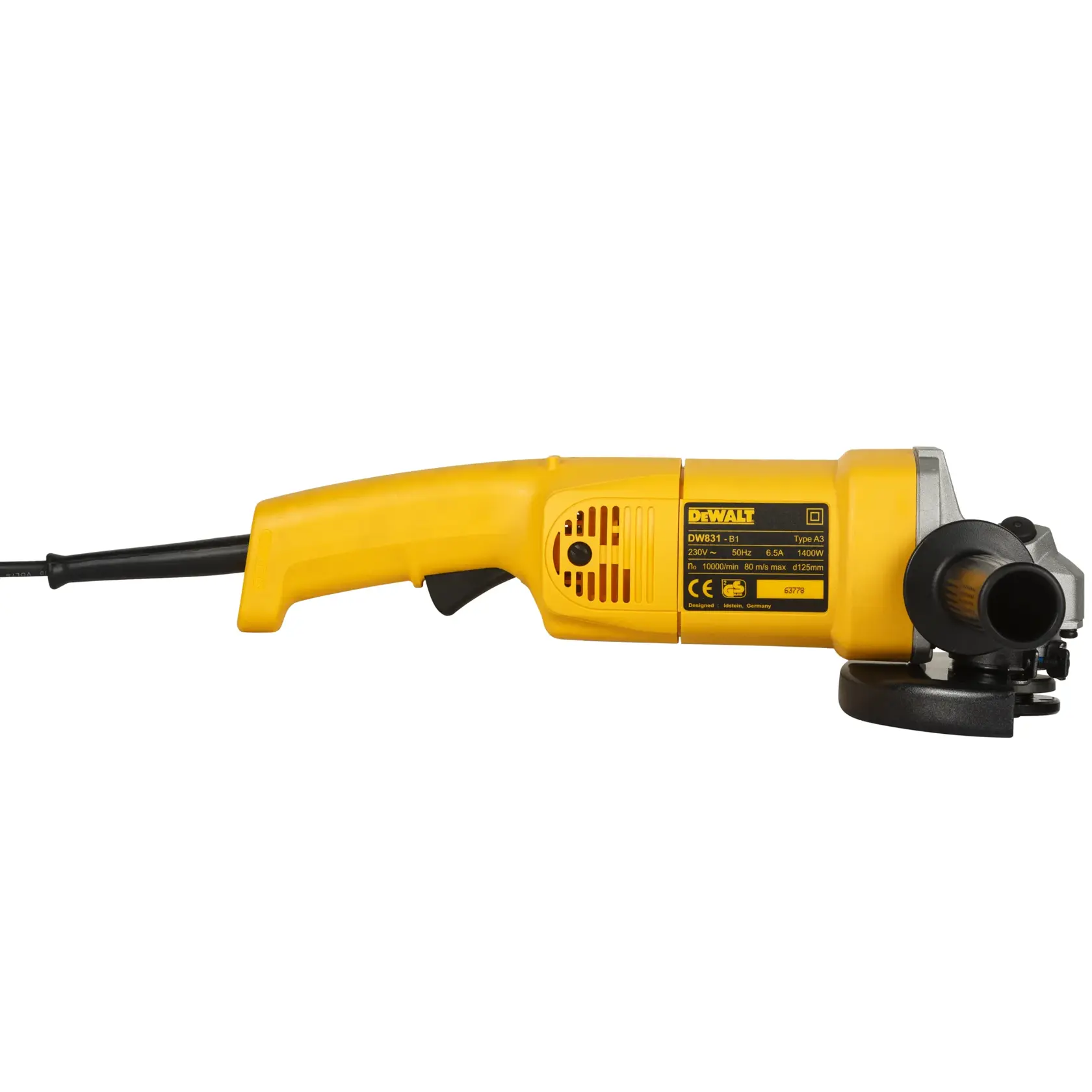 Amoladora angular amarilla DEWALT DW831, con mango lateral, cable y etiqueta, sobre fondo blanco.