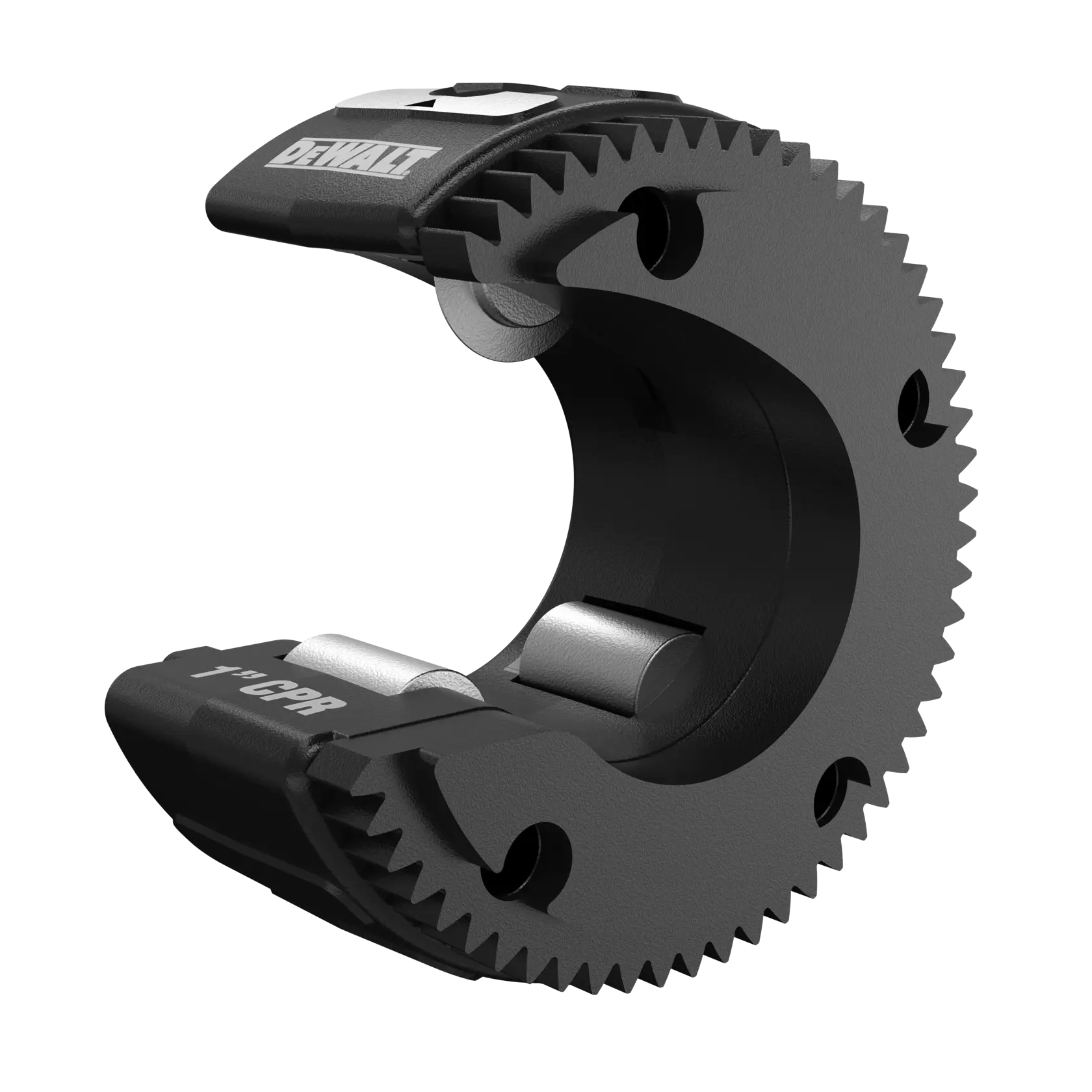 Imagen en primer plano de un accesorio cortador de tubos circular DEWALT, mostrando sus bordes dentados y cuchillas de metal para cortar. El producto está etiquetado como '1'' CPR' y está diseñado para cortar tuberías eficientemente.