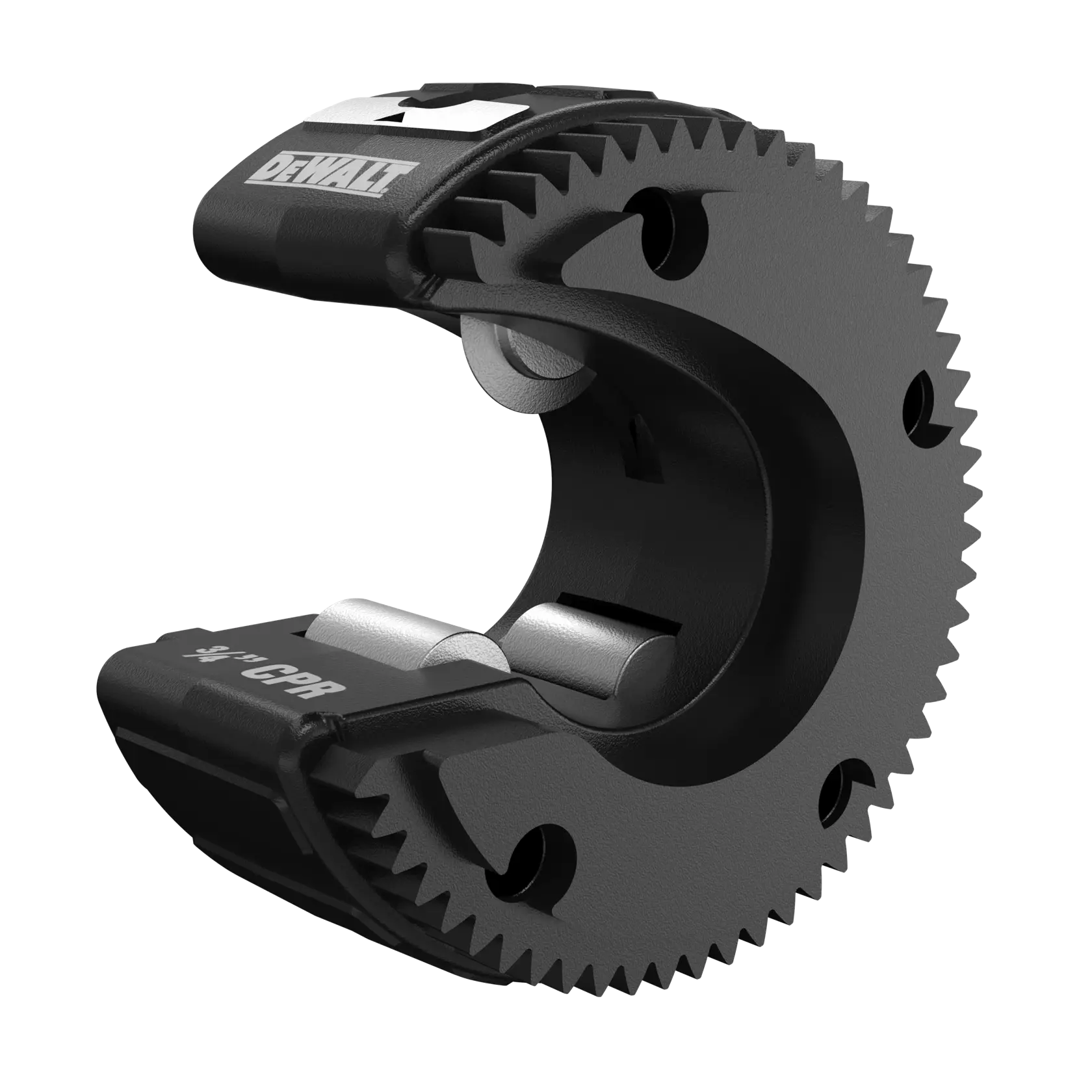 Cortatubos DEWALT de 3/4 pulgadas con diseño circular negro dentado y cuchillas de corte internas, modelo DWACPR34.