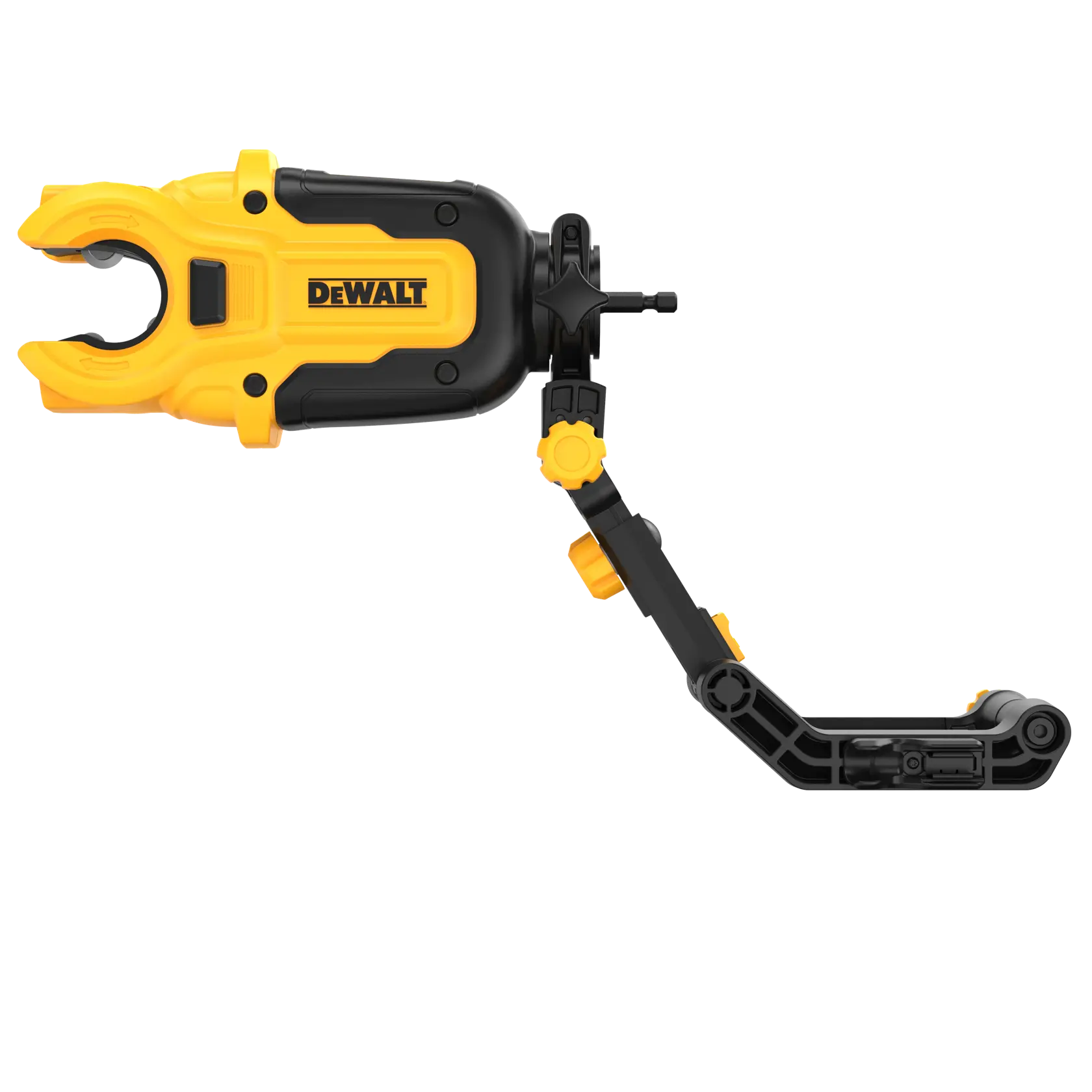 Una abrazadera de montaje para fotografía de la marca DEWALT, de color amarillo y negro, con un brazo ajustable, diseñada para sujetar y posicionar equipos.