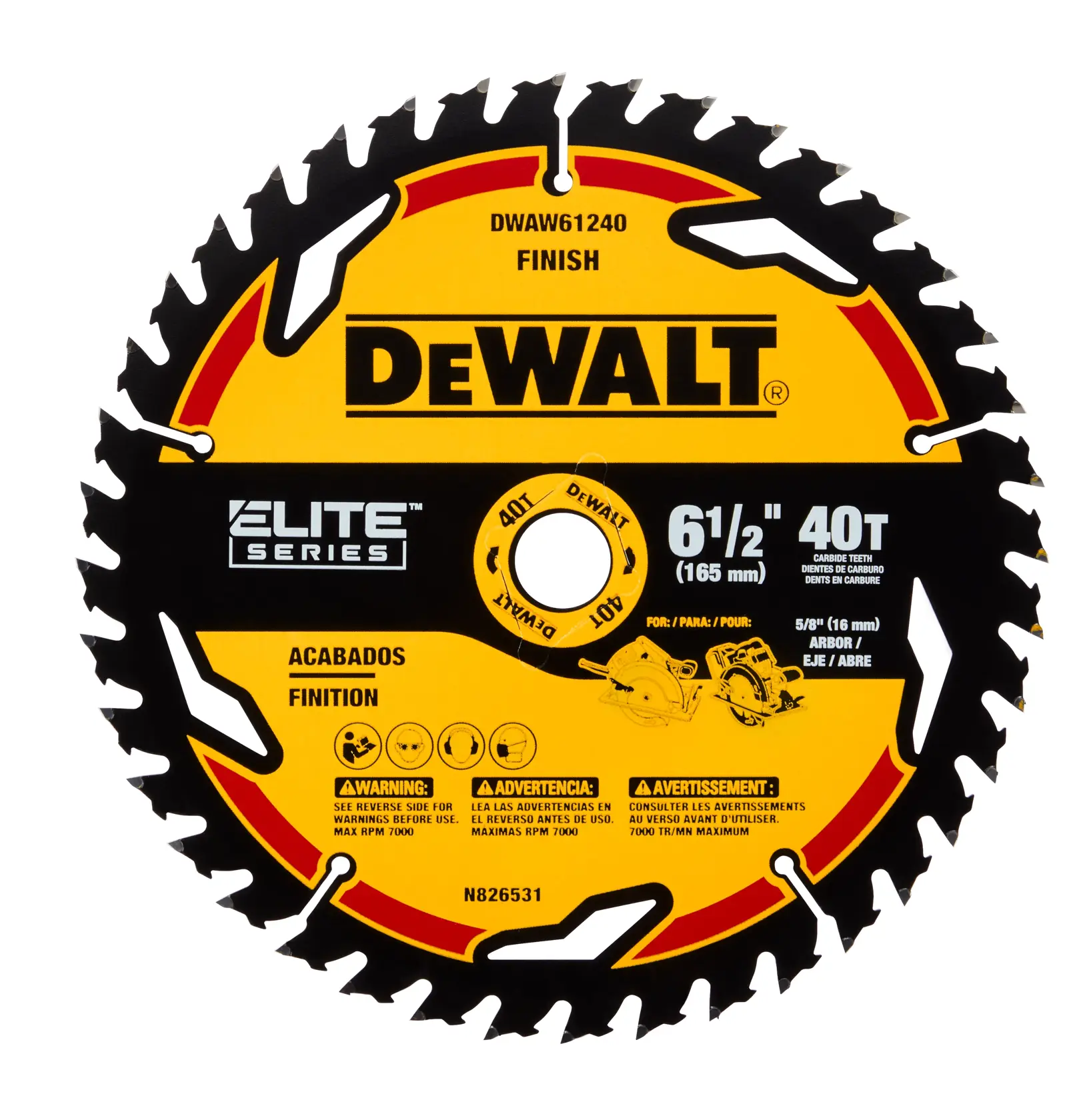 Una hoja de sierra circular DEWALT Elite Series, modelo DWAW61240, con un diámetro de 6-1/2 pulgadas (165 mm) y 40 dientes de carburo. La hoja es de color amarillo y negro e incluye especificaciones del producto y advertencias de seguridad impresas. Diseñada para cortes de acabado, contiene información multilingüe para uso y seguridad.