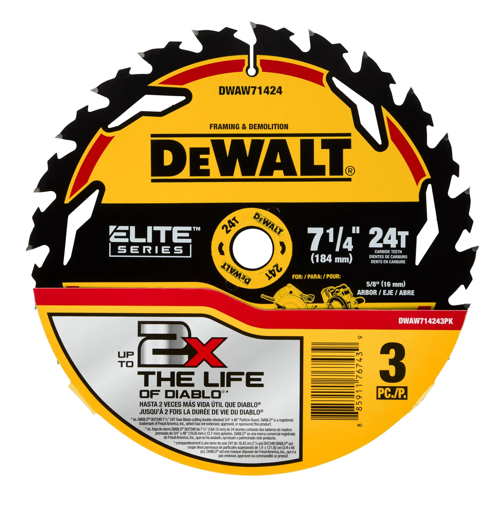 Foto de un paquete de discos de sierra circular DEWALT Elite Series para estructura y demolición. La hoja mide 7 1/4 pulgadas (184 mm) con 24 dientes de carburo y un eje de 5/8 pulgadas (16 mm). El empaque afirma hasta 2 veces más vida útil en comparación con Diablo, y contiene 3 piezas.