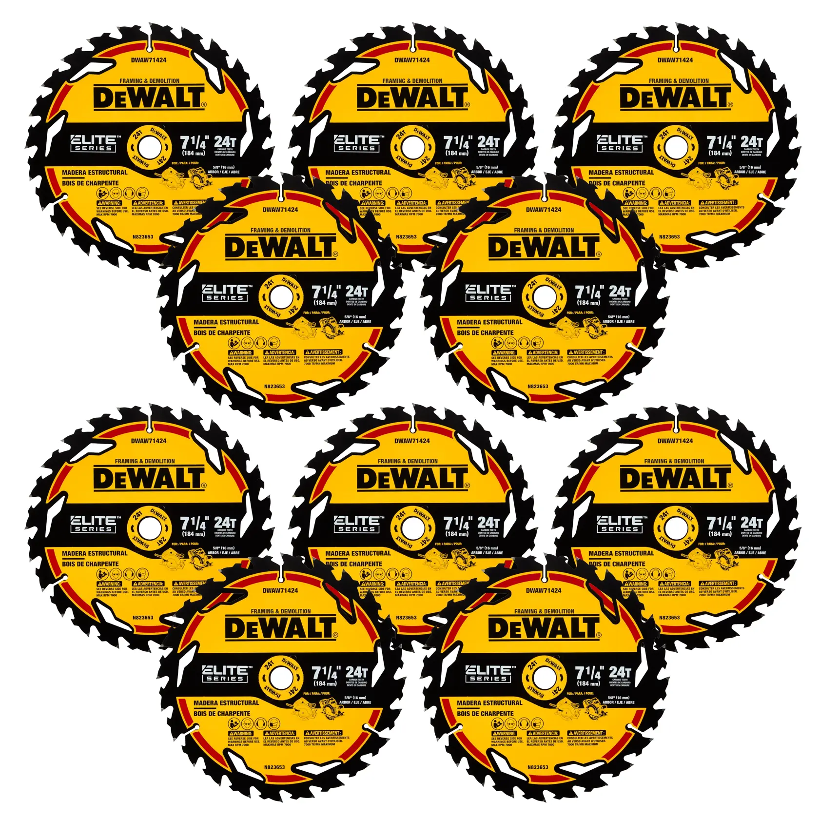 Diez hojas de sierra circular DEWALT de 7-1/4 pulgadas y 24 dientes para enmarcado y demolición, con diseño amarillo y negro, organizadas en dos filas.
