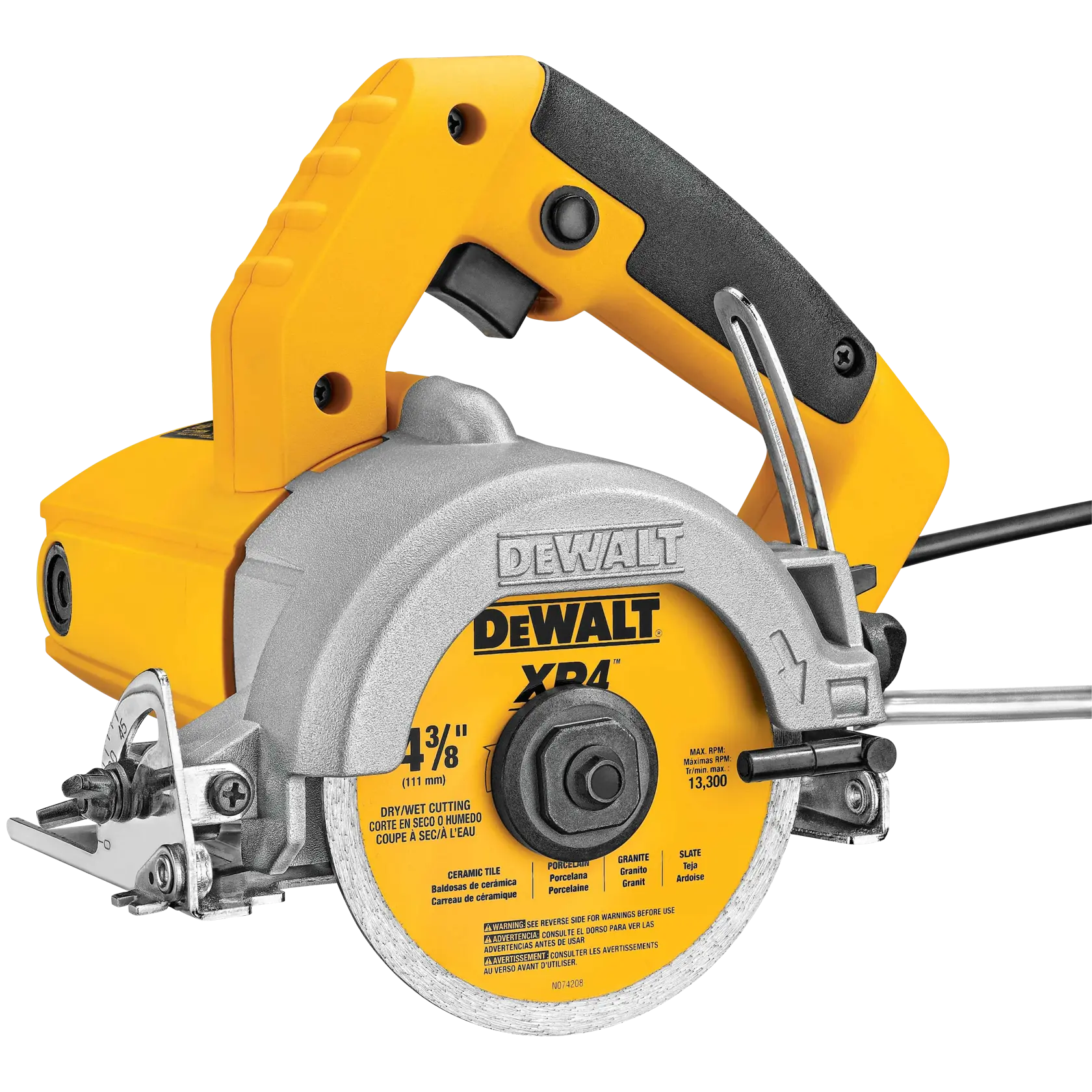 Sierra para azulejos DEWALT DWC860W de mano con diseño amarillo y plateado, presenta una hoja circular indicada para cortar baldosas de cerámica, granito y pizarra. La herramienta tiene un mango cómodo en negro y amarillo, y está equipada para cortes en seco o húmedo.