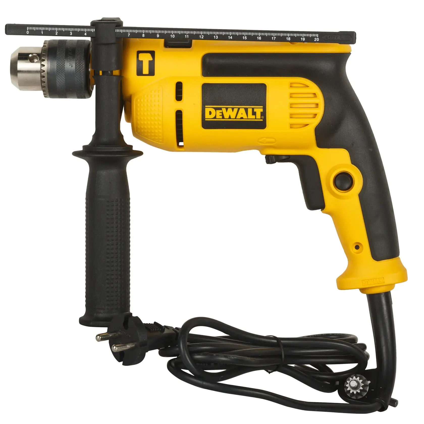Taladro con cable DEWALT DWD024-QS/DWD024, negro y amarillo, categoría fotografía, vista lateral.