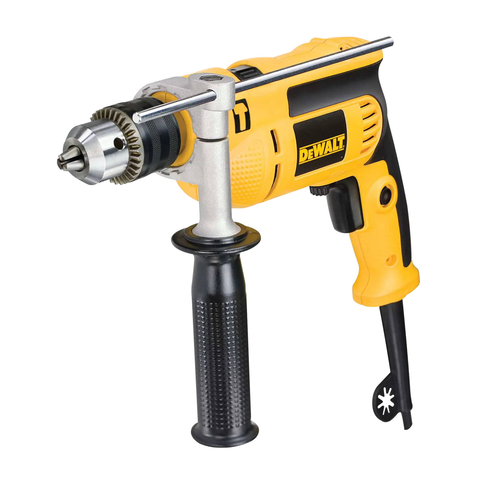 Un taladro eléctrico amarillo y negro DEWALT con un asa lateral y una llave de mandril metálica adjunta.
