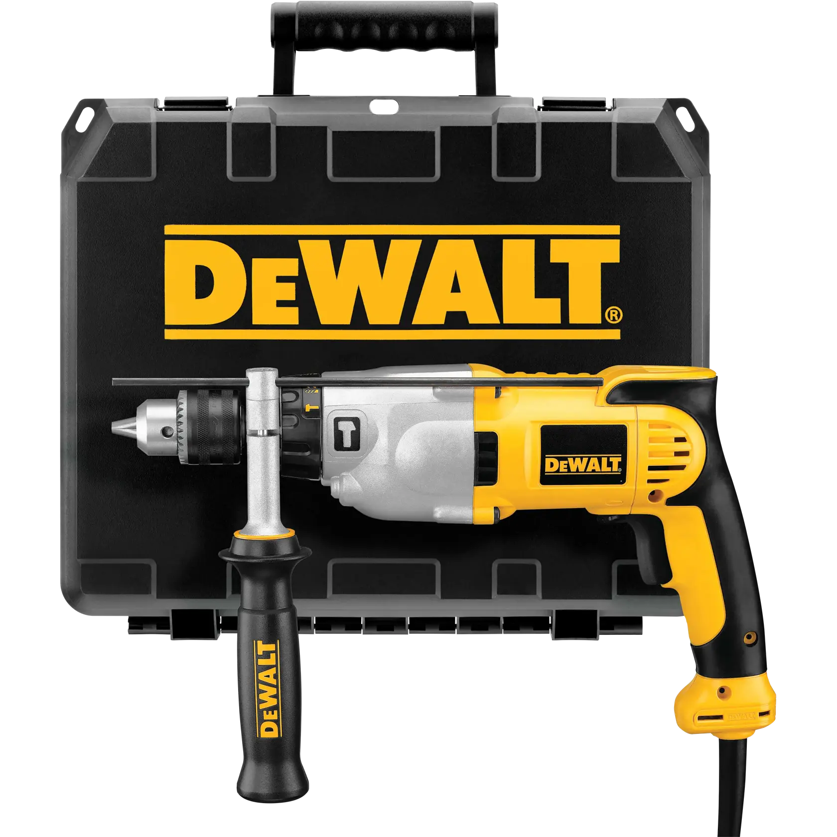 Se muestra un taladro eléctrico DEWALT con mango lateral frente a un estuche de transporte negro con el logo de DEWALT en amarillo.