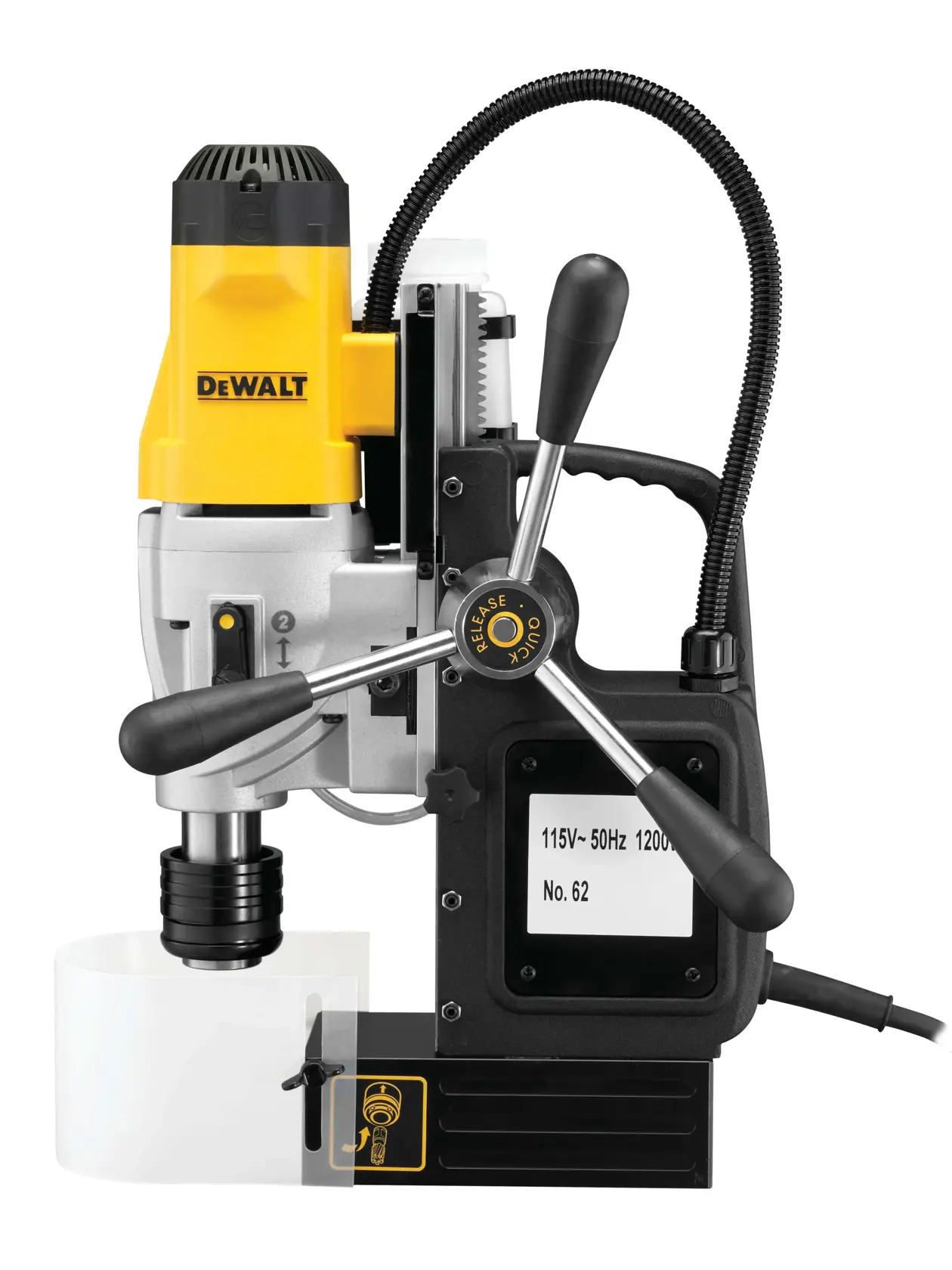 Una taladradora magnética DEWALT DWE1622K con motor amarillo y negro, asas de control y cable de alimentación. El equipo está diseñado para perforar superficies metálicas e incluye una base magnética para un posicionamiento seguro.