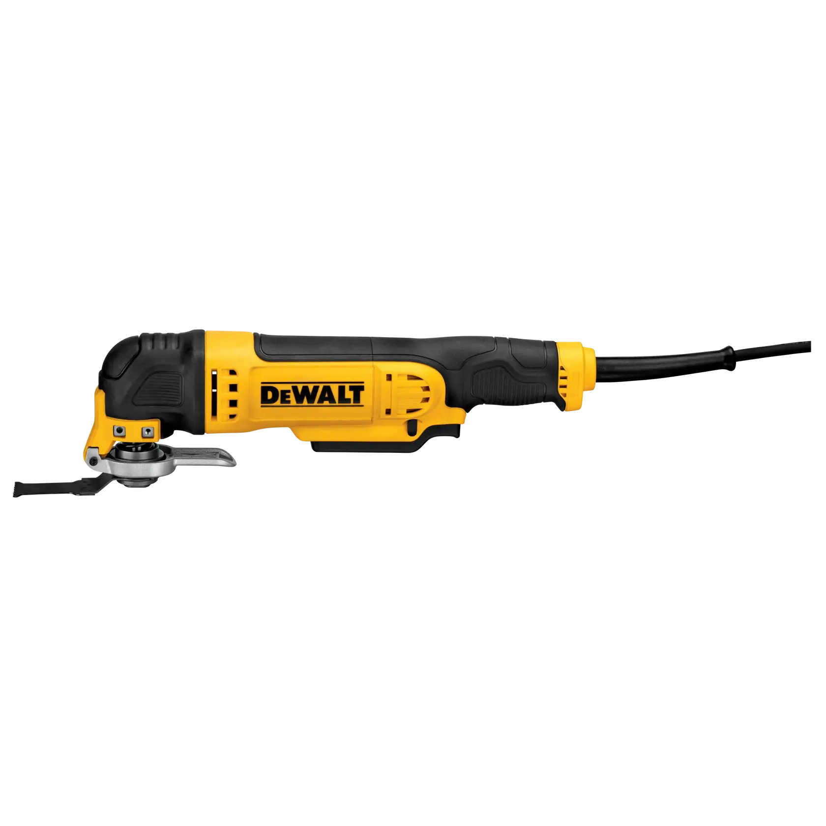 Una herramienta multiusos oscilante eléctrica DEWALT DWE315K con cuerpo amarillo y negro, mostrada con su cable de alimentación y accesorio de corte.