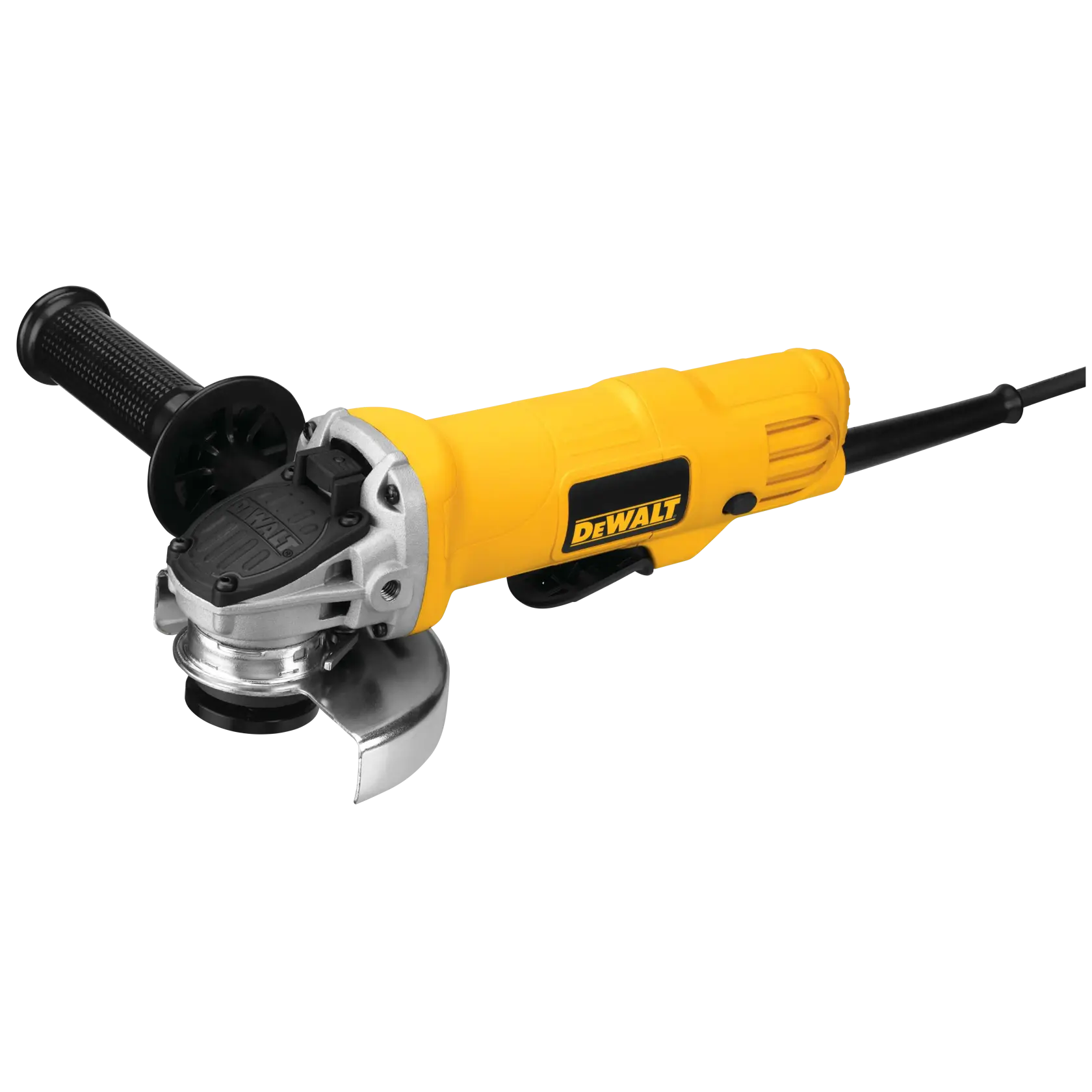 Amoladora amarilla DEWALT con mango negro y cable, modelo DWE4012, mostrada sobre fondo blanco.