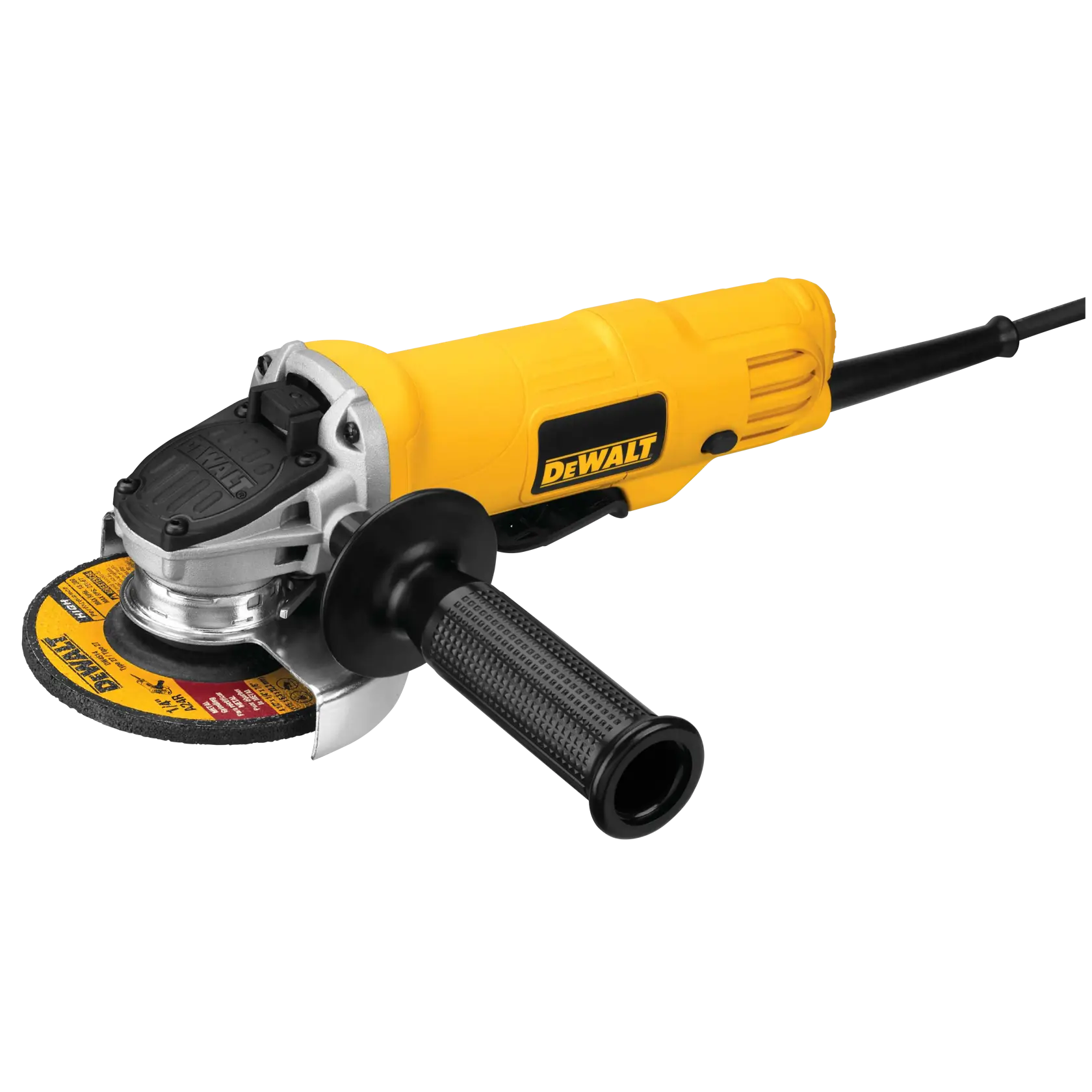 Amoladora angular amarilla DEWALT con mango negro y protector, para cortar y desbastar materiales.