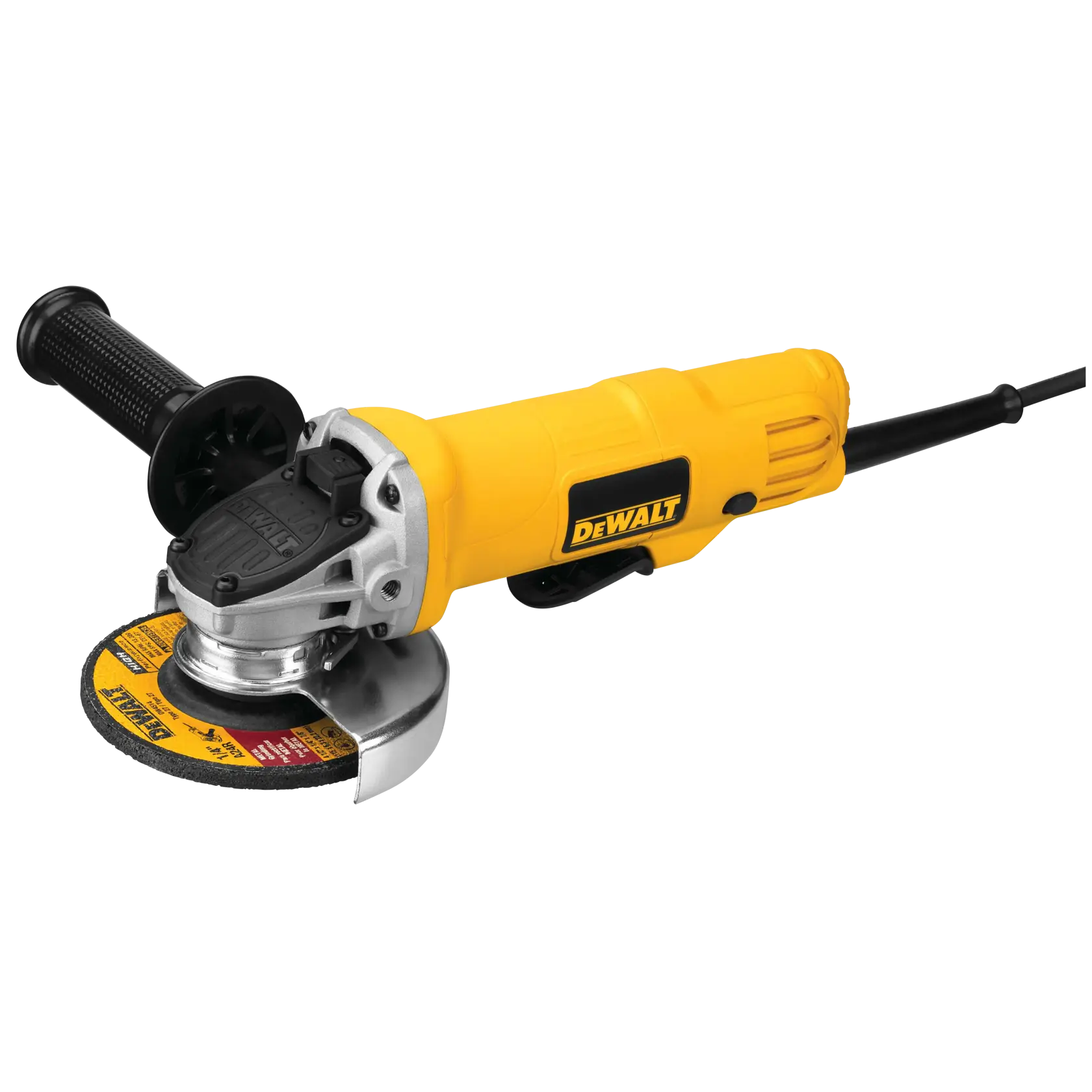 Amoladora angular amarilla DEWALT con mango lateral y cable, utilizada para cortar y desbastar.