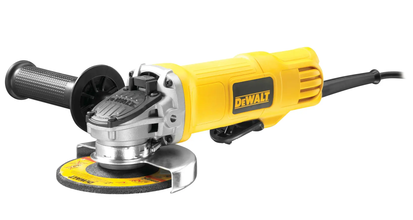 Una amoladora angular amarilla DEWALT con empuñadura lateral negra, cable de alimentación visible y un disco de esmeril adjunto.
