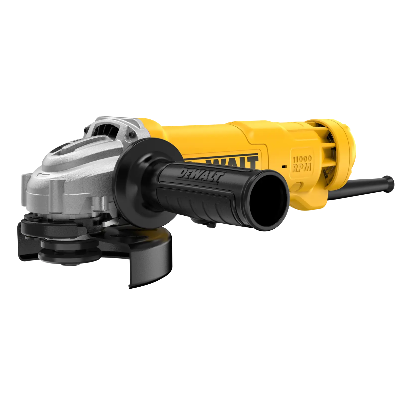 Amoladora angular DEWALT amarilla y negra con mango lateral, cable y protector metálico sobre fondo blanco.