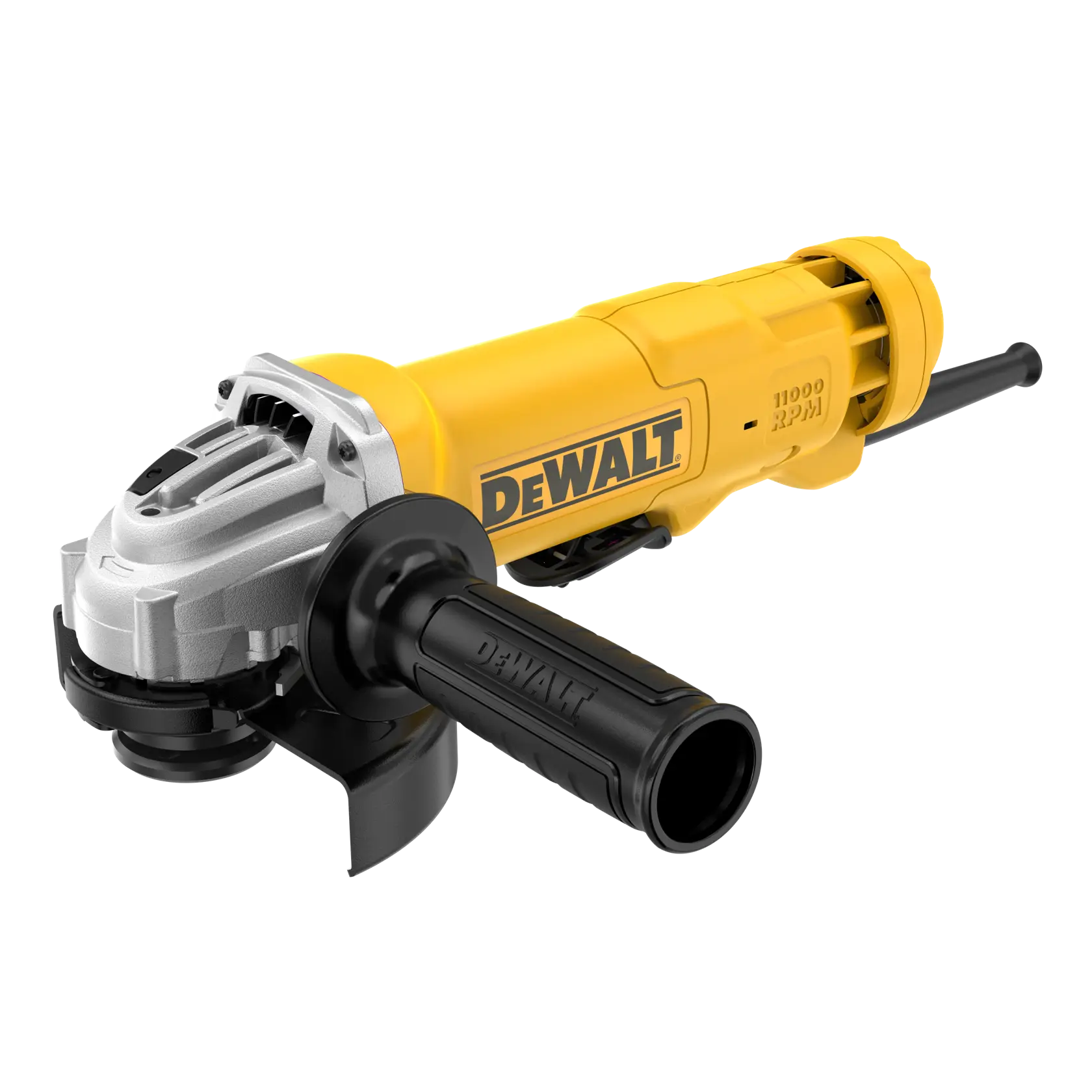Amoladora angular DEWALT amarilla con mango negro, usada para cortar y desbastar materiales.