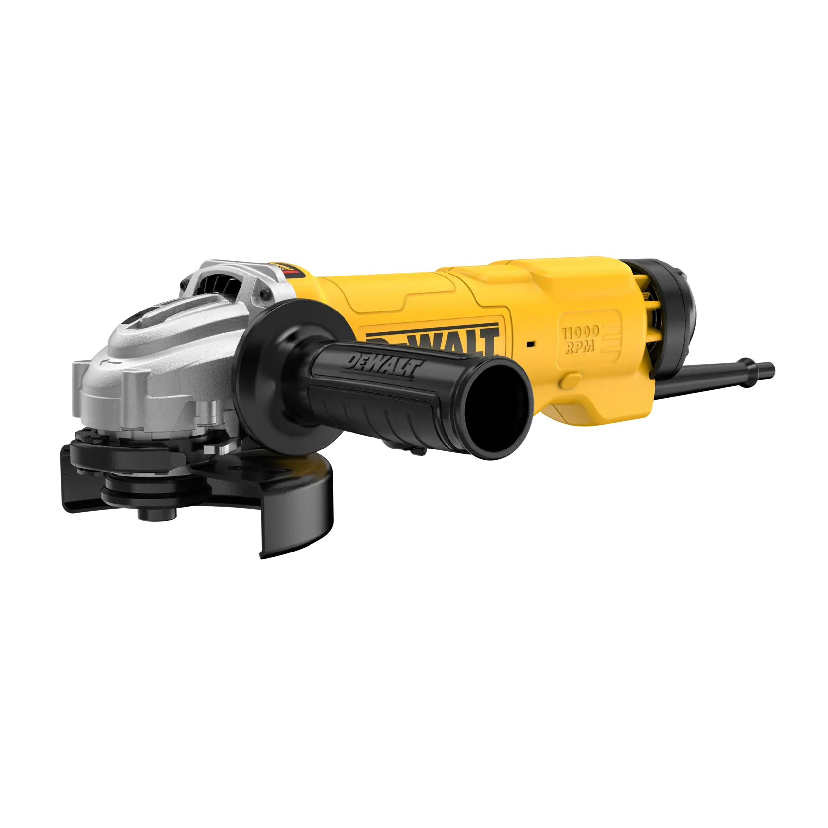 Amoladora angular DEWALT amarilla con mango y cable, mostrada sobre fondo blanco.
