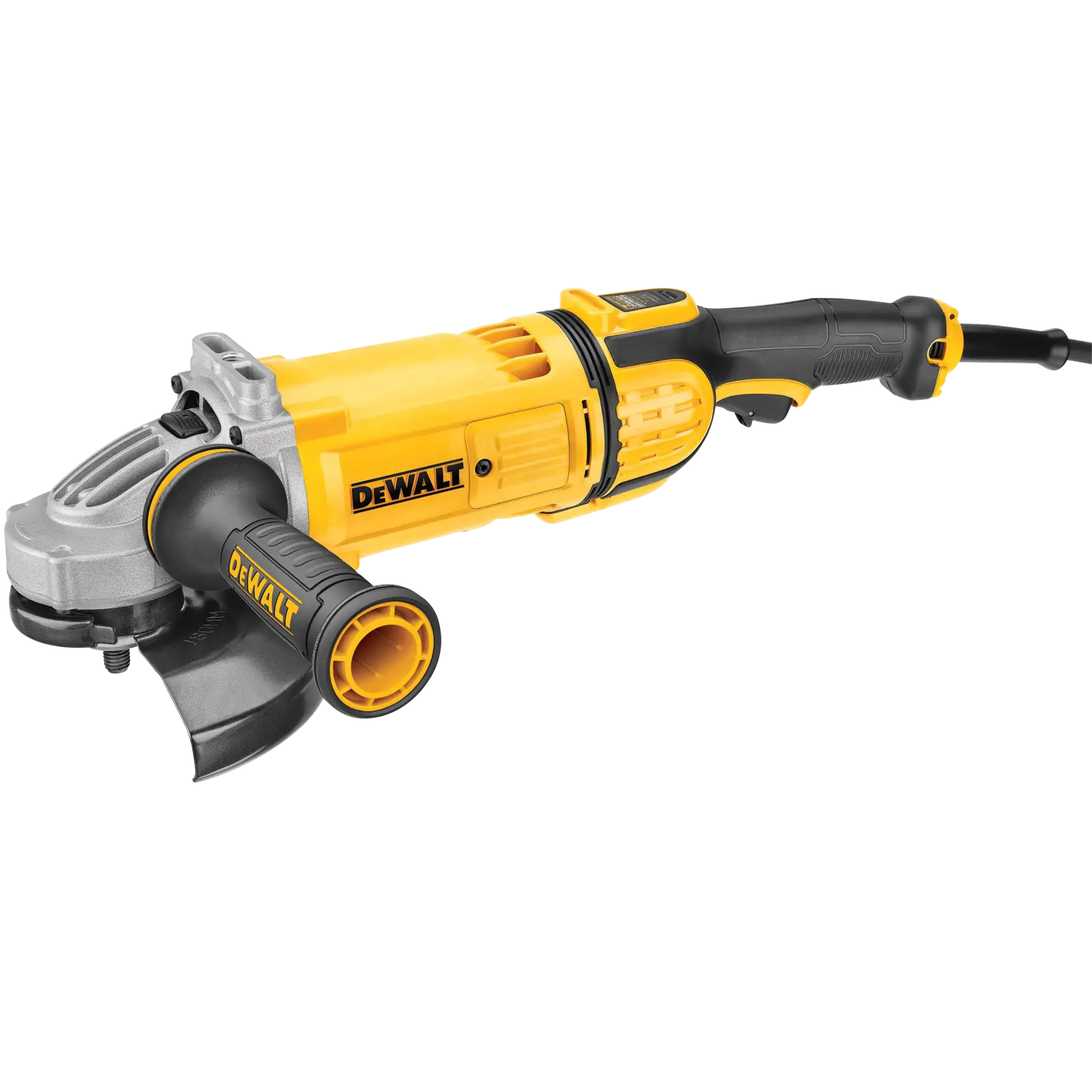 Una amoladora angular eléctrica DEWALT amarilla y negra con mango lateral, mostrada sobre un fondo blanco.