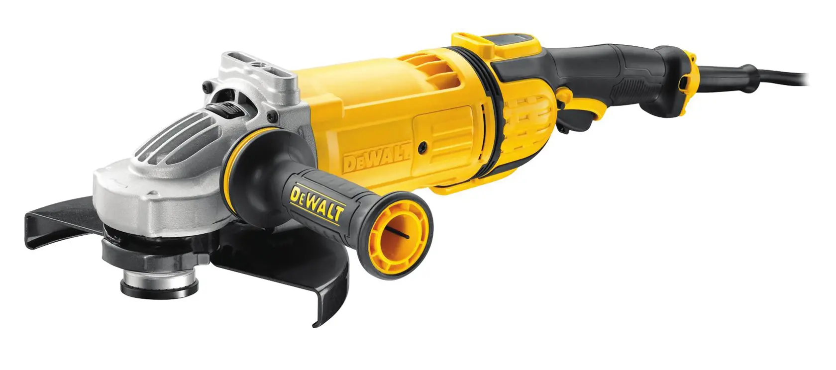 Una amoladora angular eléctrica DEWALT amarilla y negra con mango lateral y protector, modelo DWE4579, mostrada sobre fondo blanco.