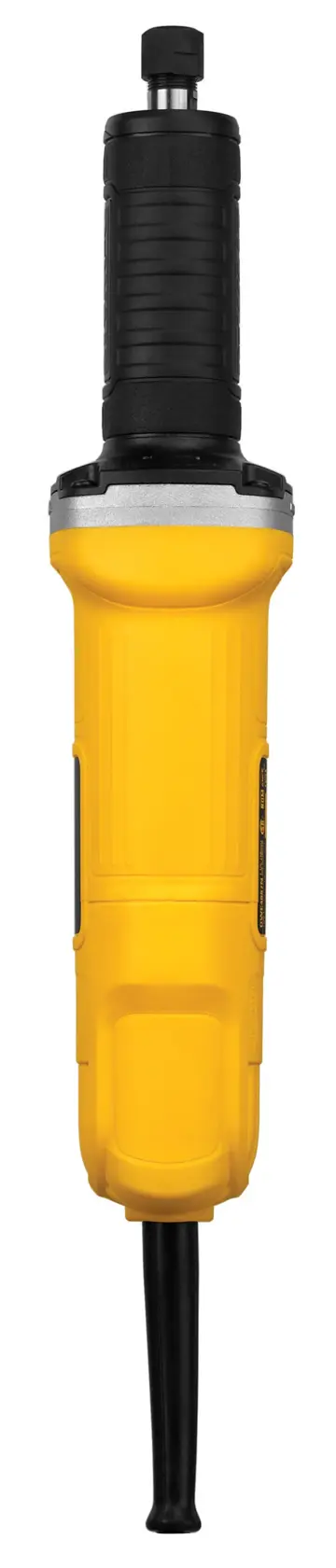 Una herramienta amoladora eléctrica de troquel amarillo y negro con cuerpo cilíndrico, mostrada en posición vertical sobre un fondo blanco.