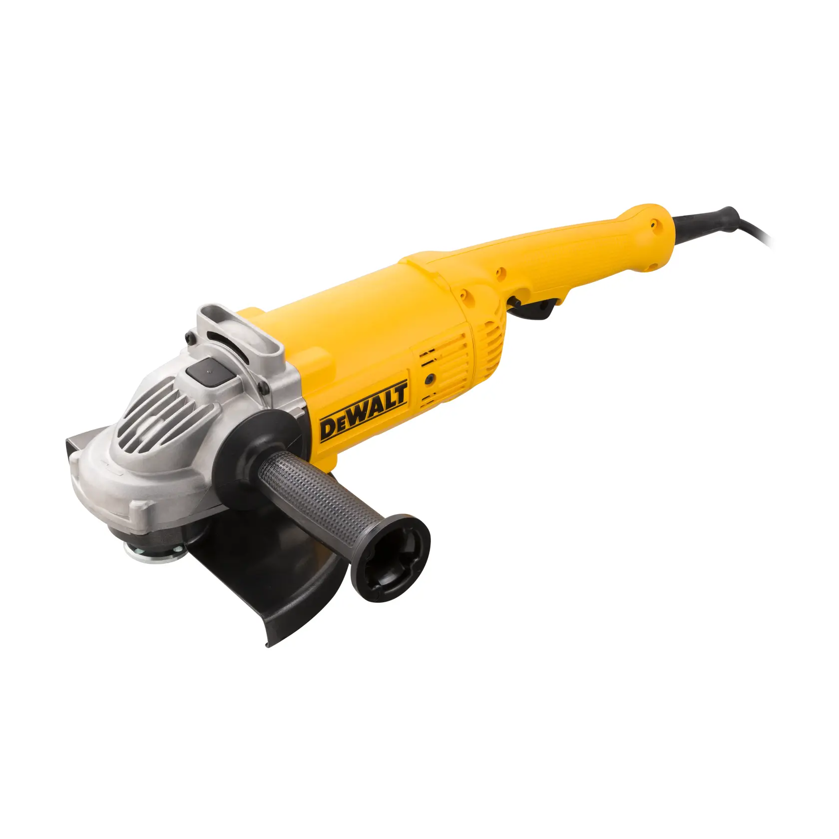 Amoladora angular amarilla DEWALT DWE490 con mango lateral y cable, sobre fondo blanco.
