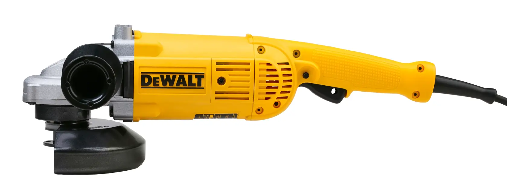 Una amoladora angular DEWALT amarilla con mango negro y piezas metálicas plateadas, fotografiada sobre fondo blanco.